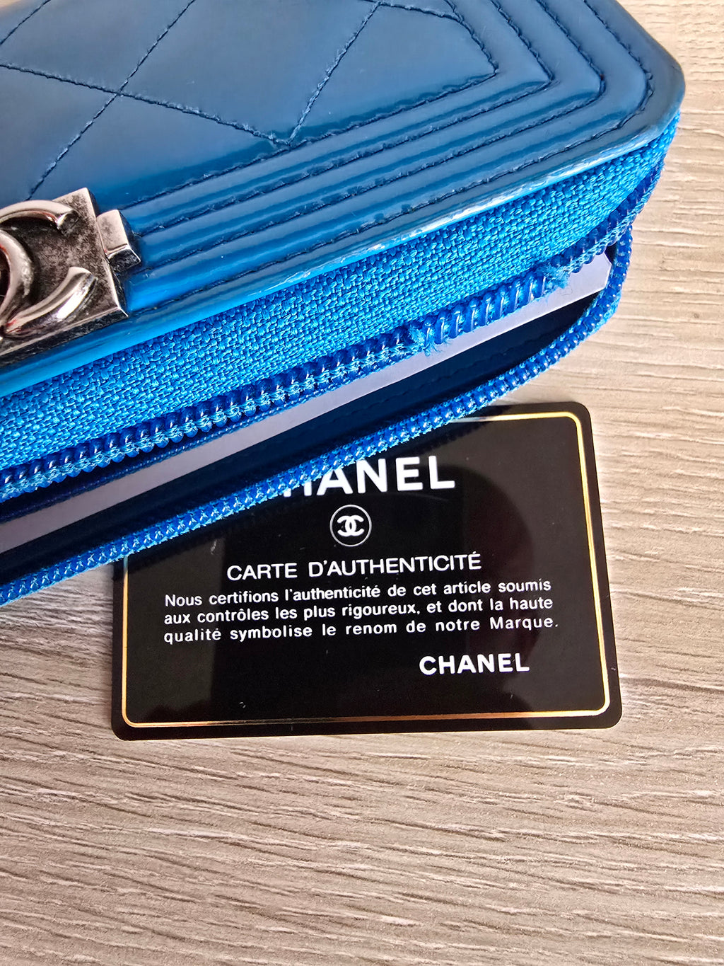 Chanel Quilted Boy Zip Around Wallet — Blue Patent Leather