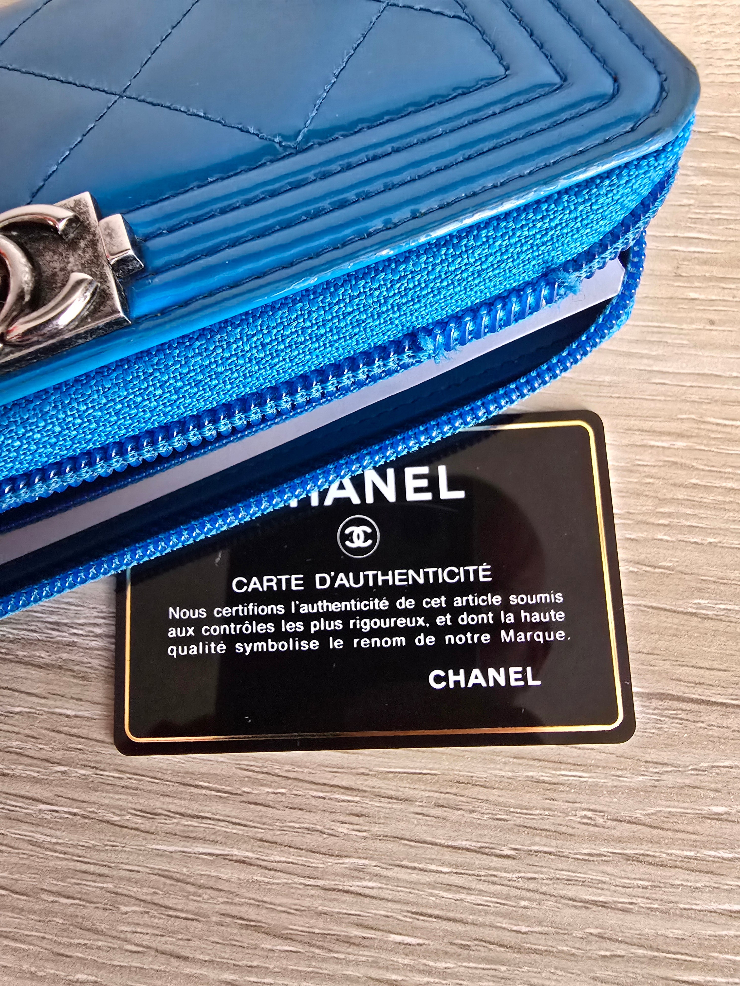 Chanel Quilted Boy Zip Around Wallet — Blue Patent Leather