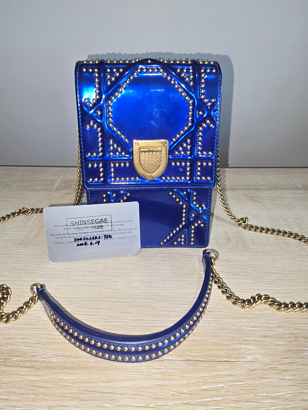 Dior Diorama Vertical Leather Crossbody — Blue with Gold Studs
