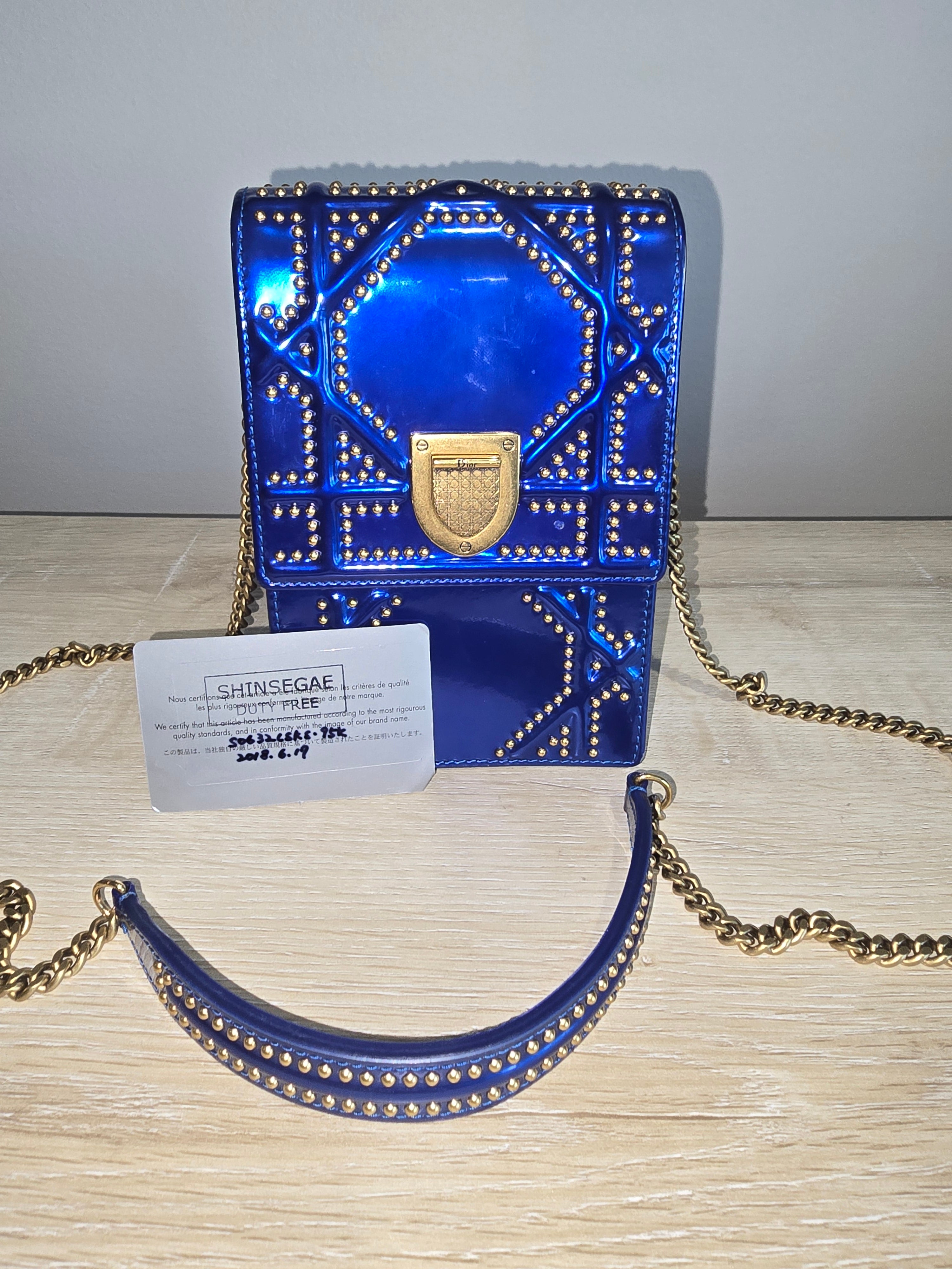 Dior Diorama Vertical Leather Crossbody — Blue with Gold Studs