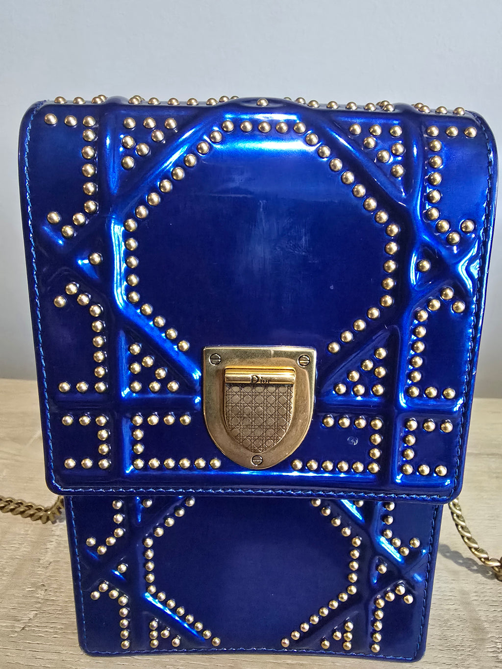 Dior Diorama Vertical Leather Crossbody — Blue with Gold Studs