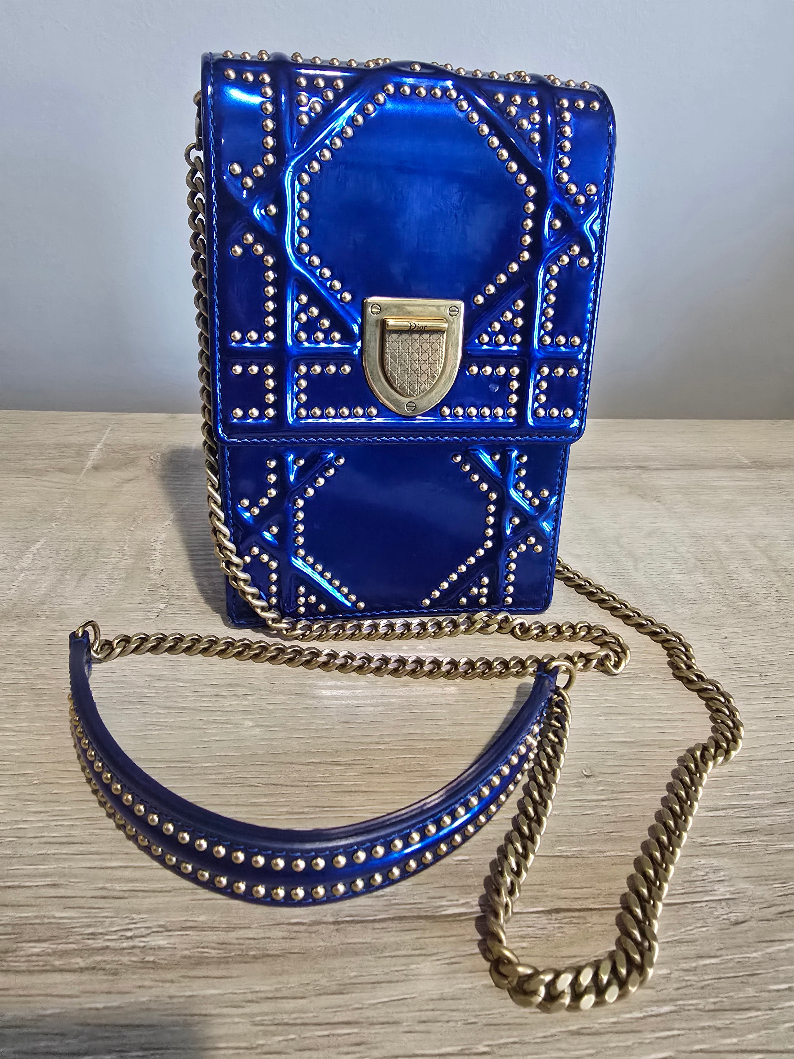 Dior Diorama Vertical Leather Crossbody — Blue with Gold Studs