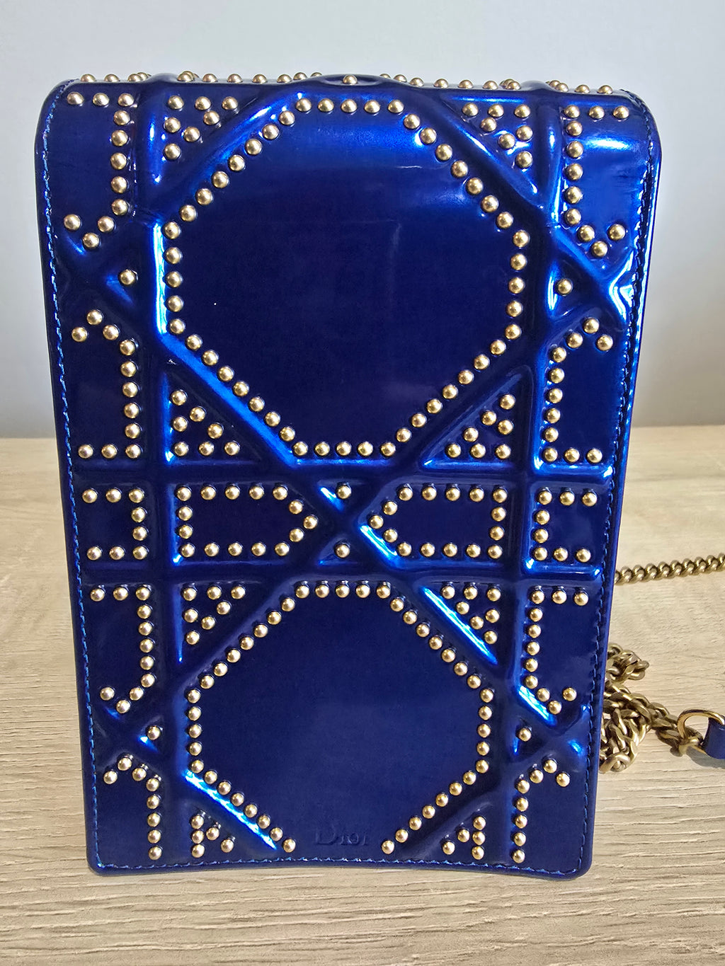 Dior Diorama Vertical Leather Crossbody — Blue with Gold Studs