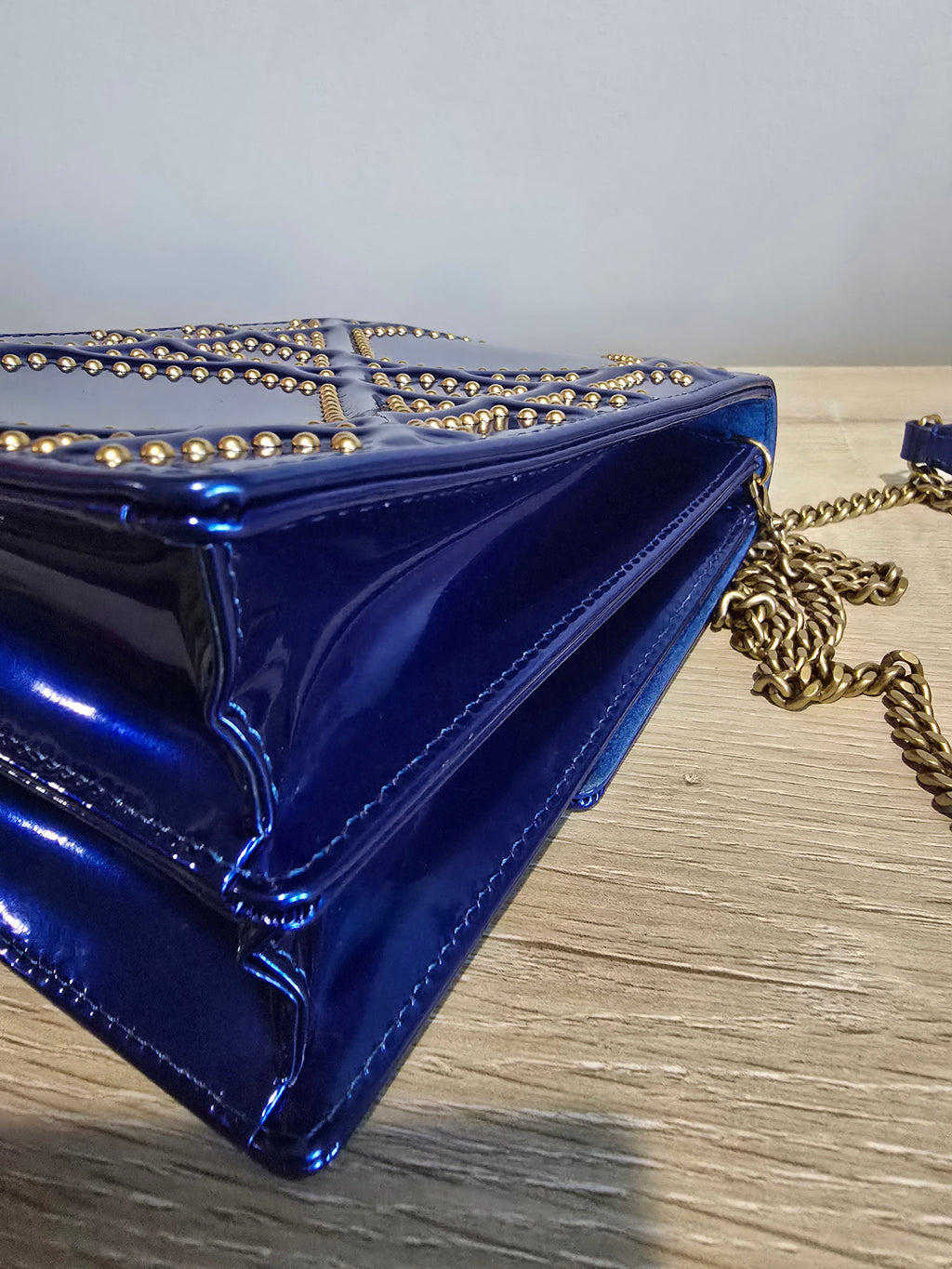 Dior Diorama Vertical Leather Crossbody — Blue with Gold Studs