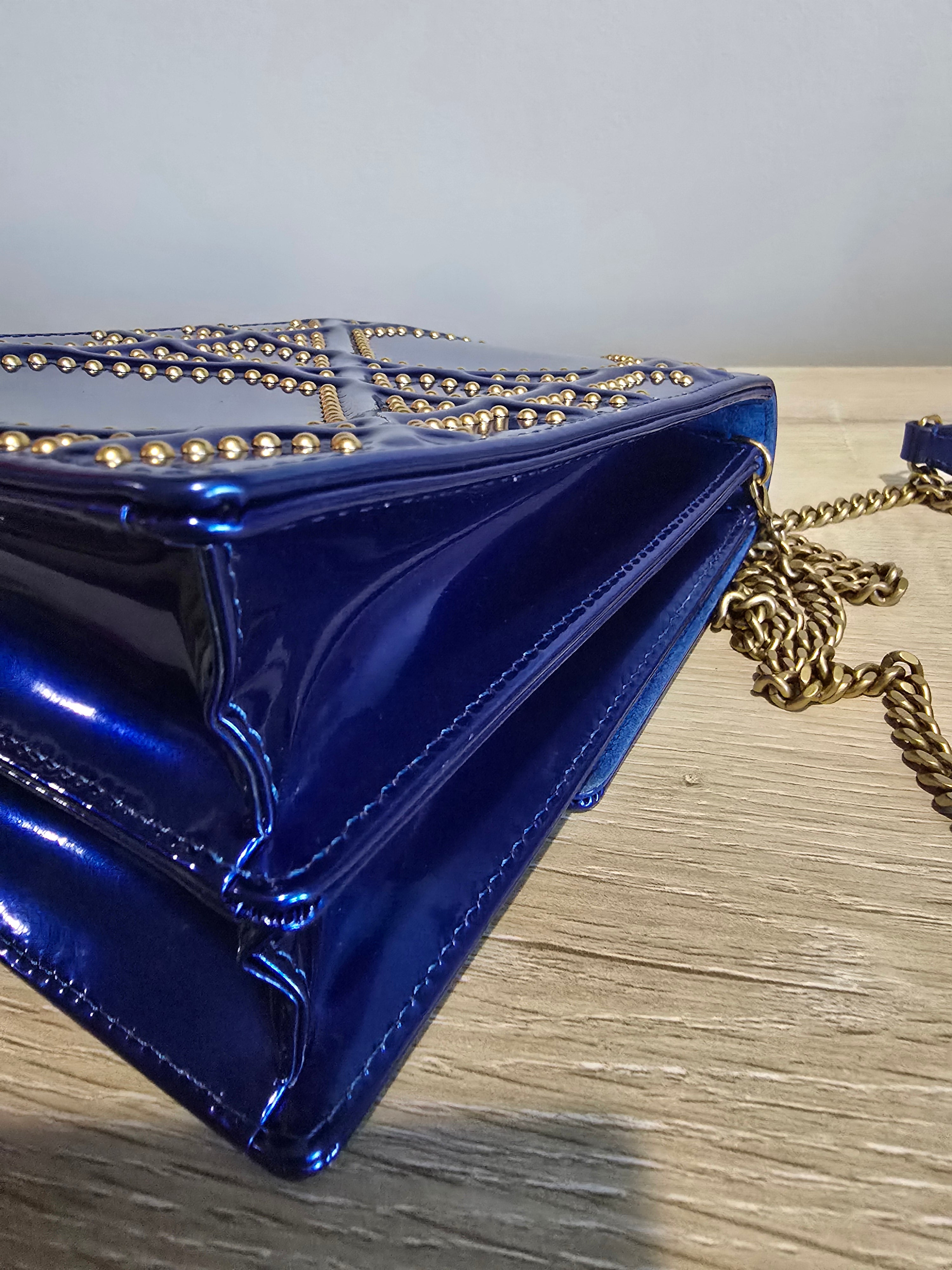 Dior Diorama Vertical Leather Crossbody — Blue with Gold Studs
