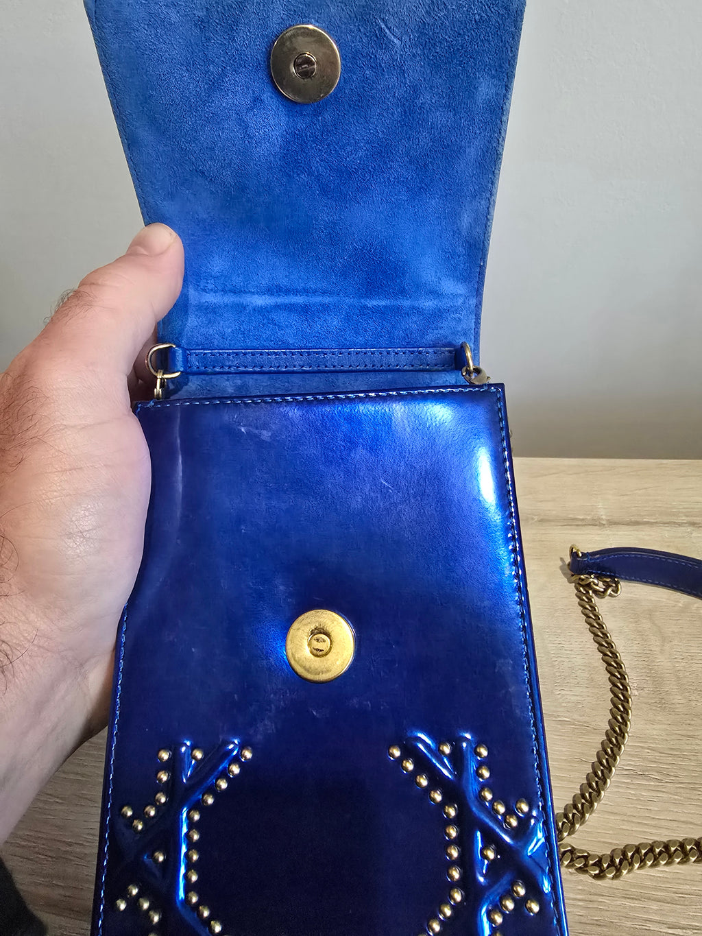 Dior Diorama Vertical Leather Crossbody — Blue with Gold Studs