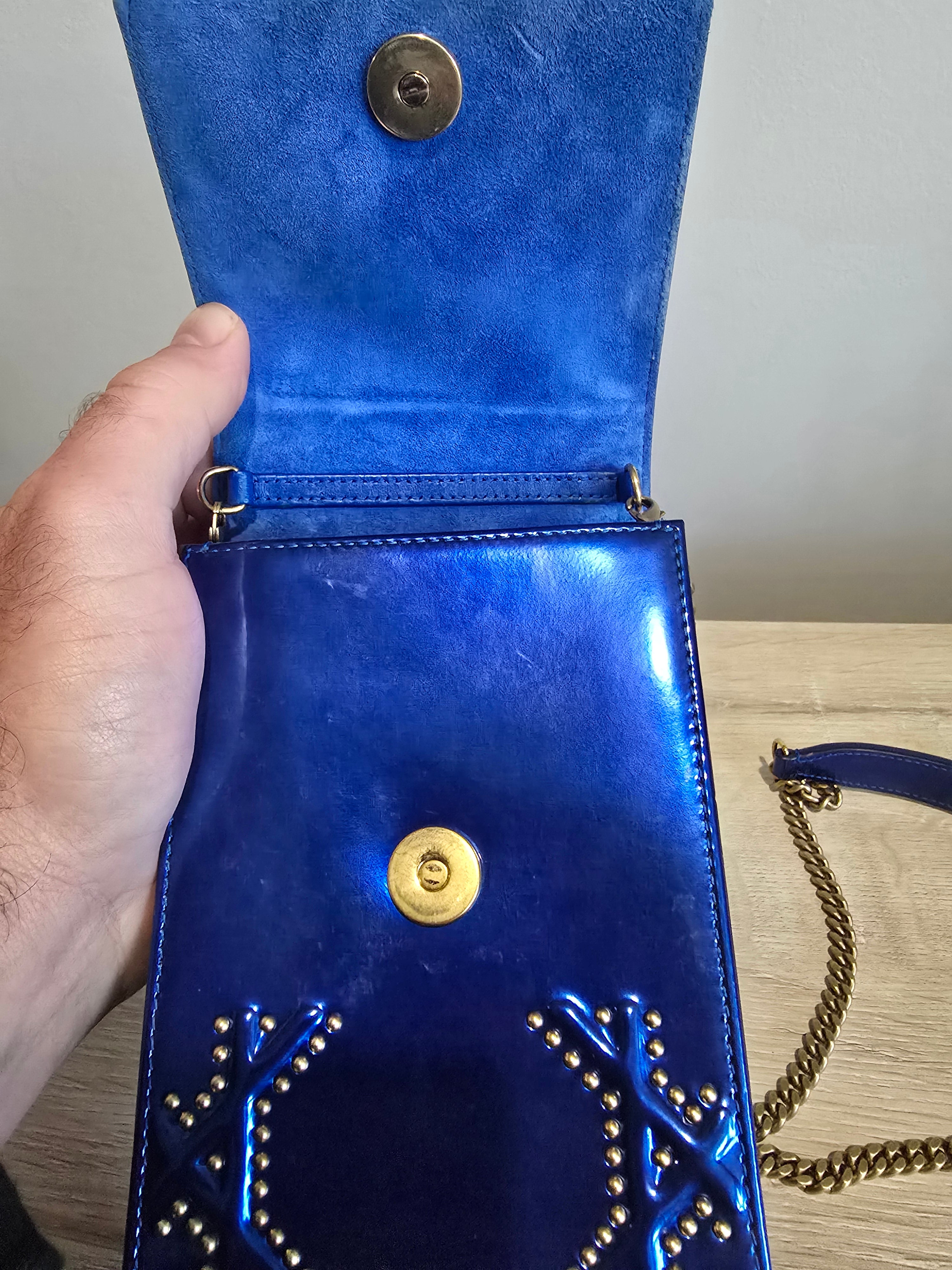 Dior Diorama Vertical Leather Crossbody — Blue with Gold Studs