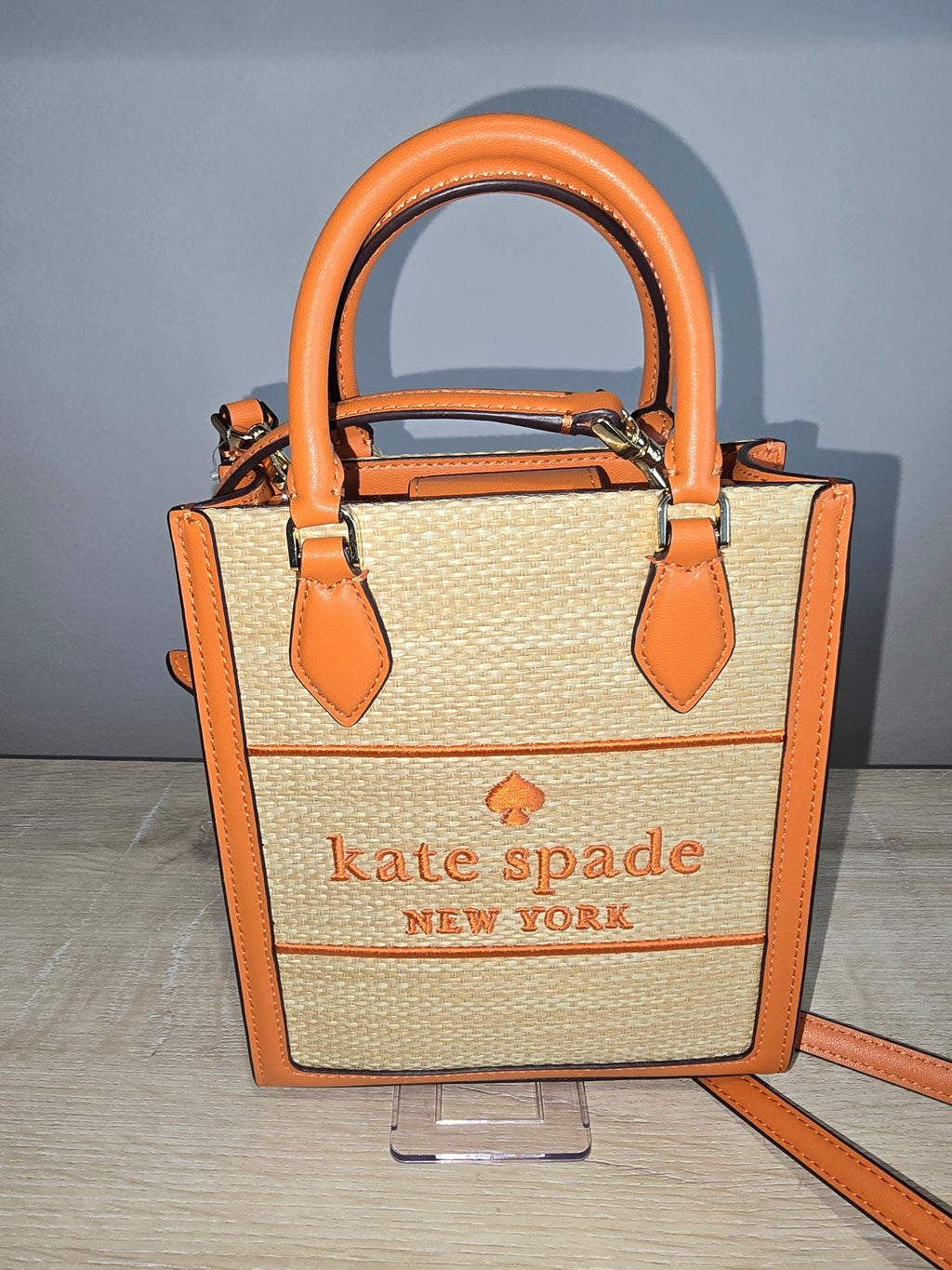 Kate Spade New York Ellie Canvas Mini Tote — Natural Straw with Orange Trim