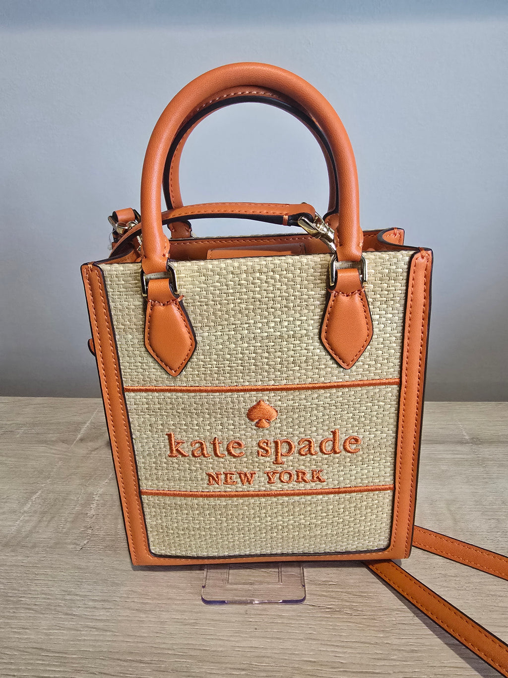 Kate Spade New York Ellie Canvas Mini Tote — Natural Straw with Orange Trim