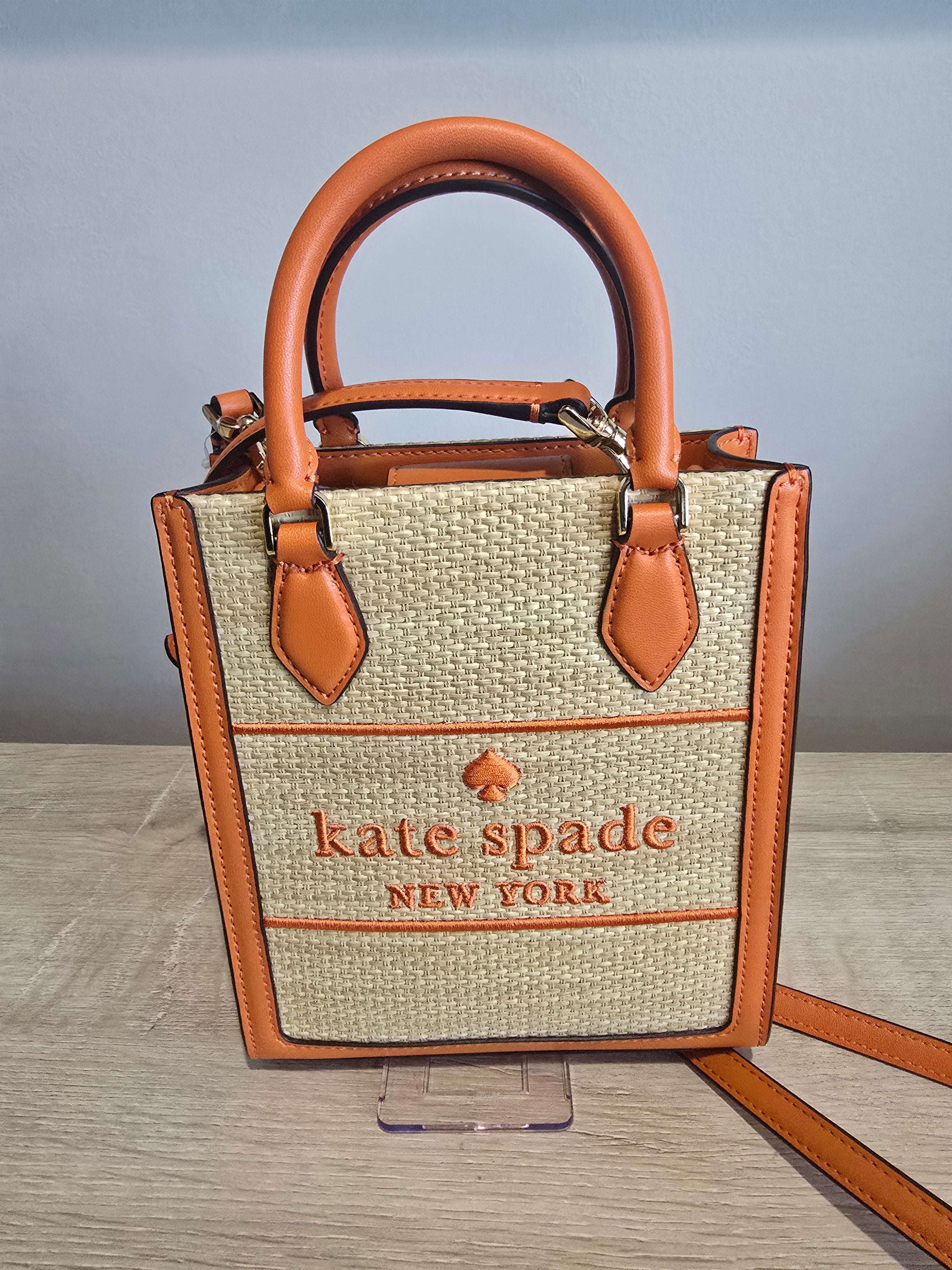 Kate Spade New York Ellie Canvas Mini Tote — Natural Straw with Orange Trim