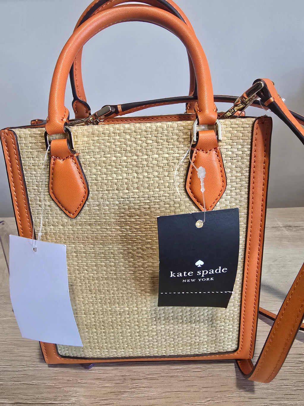 Kate Spade New York Ellie Canvas Mini Tote — Natural Straw with Orange Trim