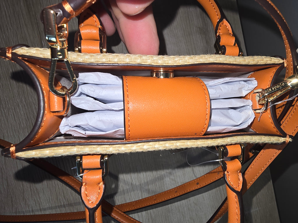 Kate Spade New York Ellie Canvas Mini Tote — Natural Straw with Orange Trim