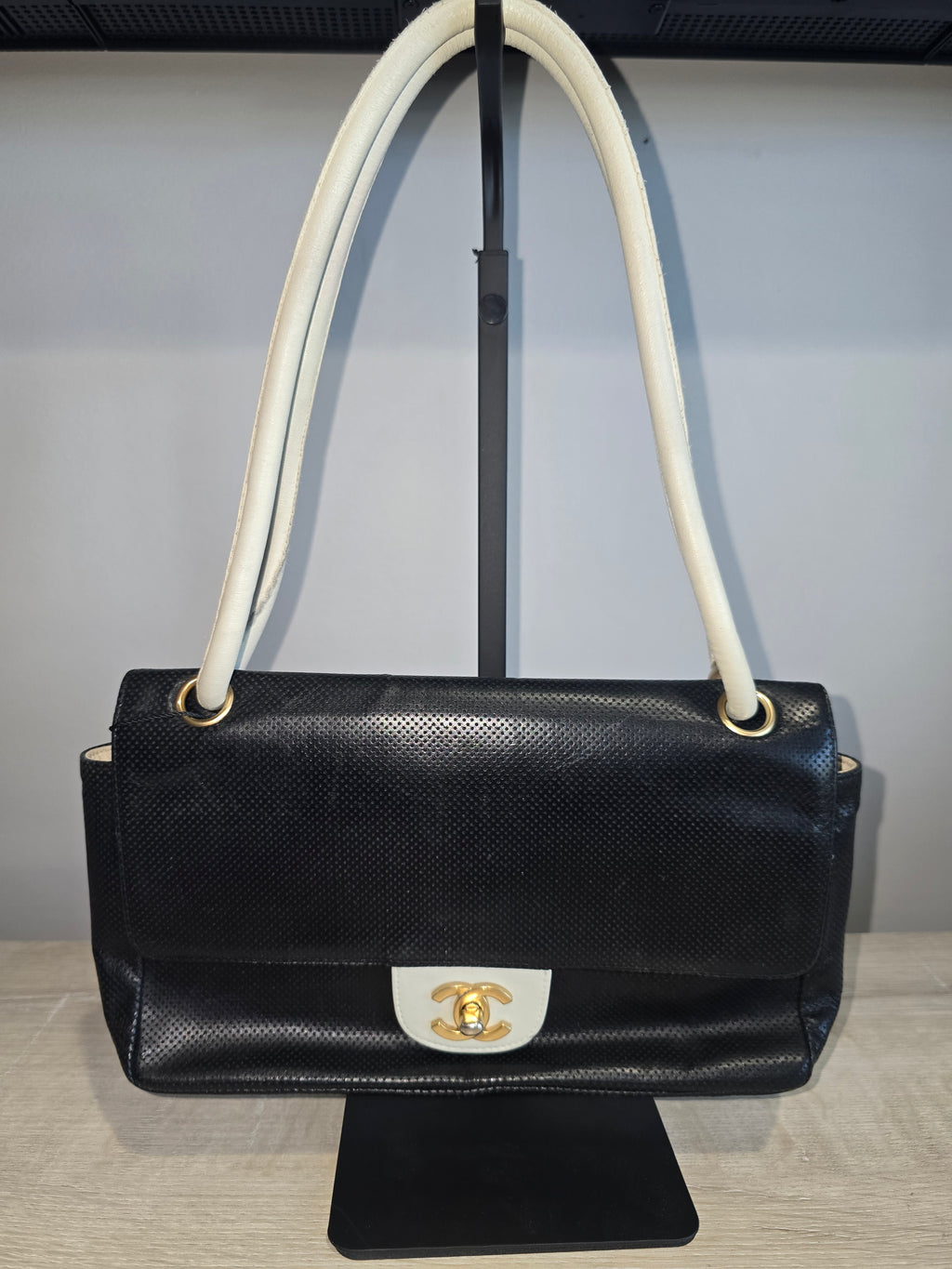 Chanel Vintage Flap Shoulder Bag — Black Perforated Leather
