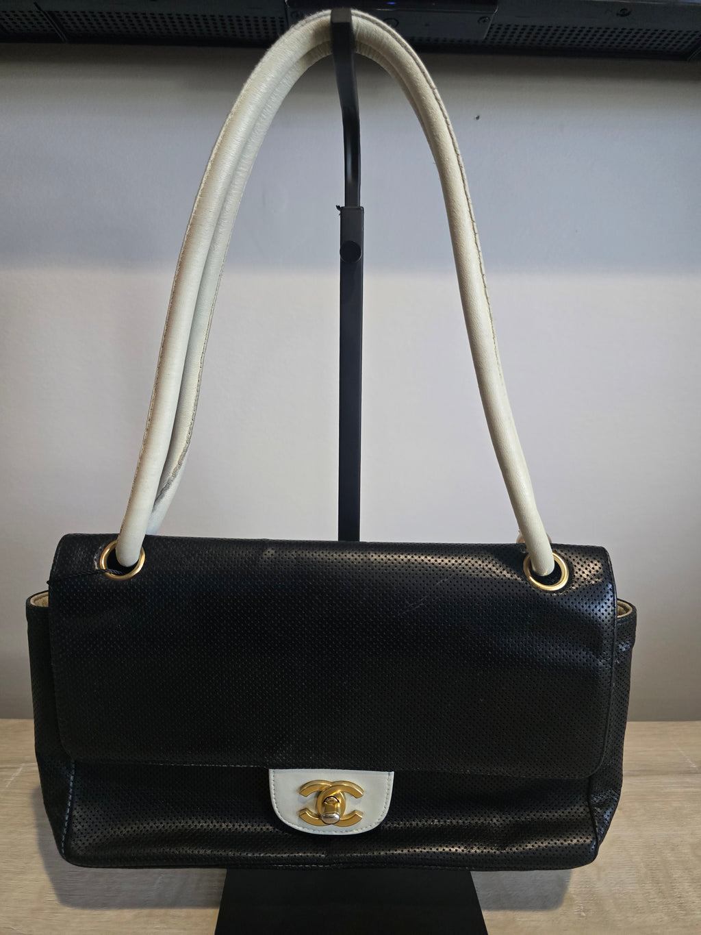 Chanel Vintage Flap Shoulder Bag — Black Perforated Leather