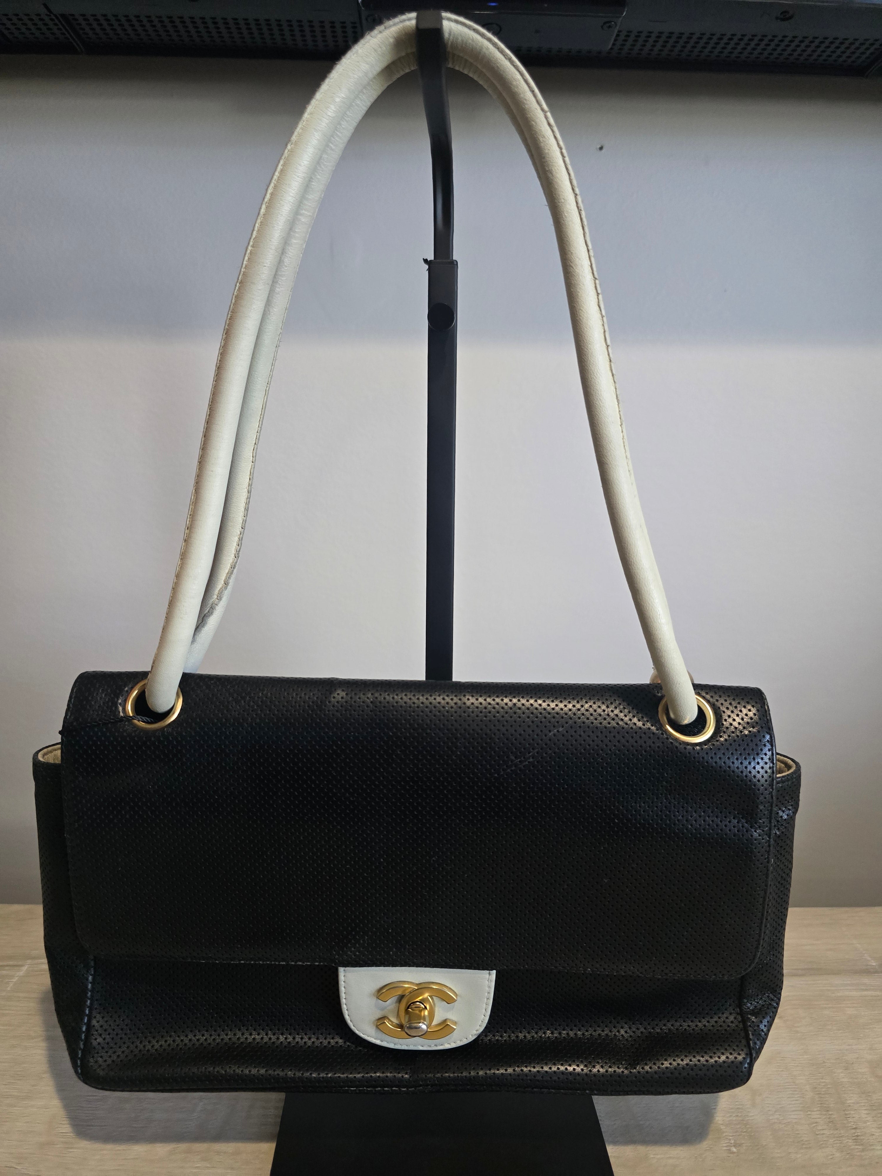 Chanel Vintage Flap Shoulder Bag — Black Perforated Leather
