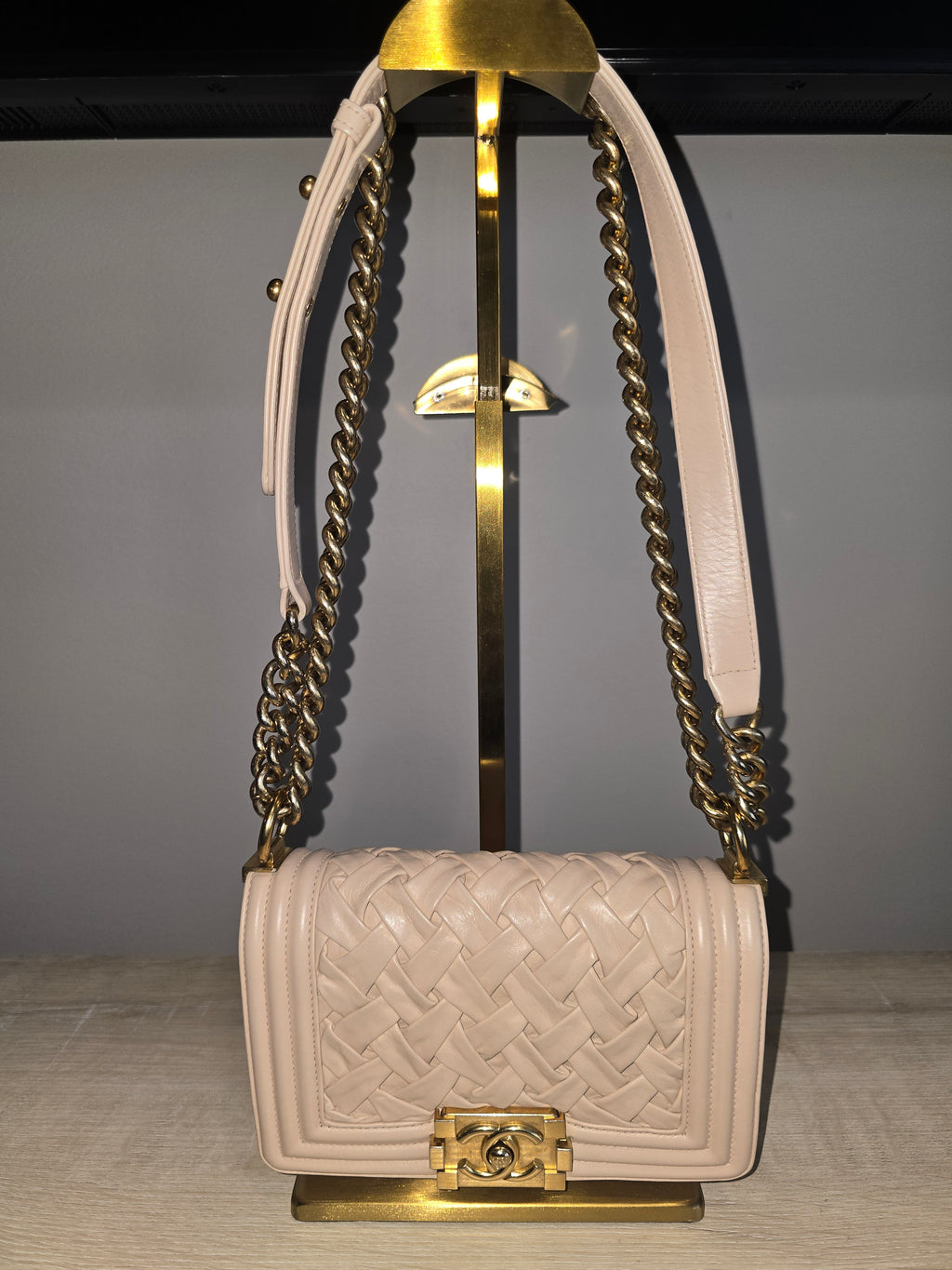 Chanel Small Château Boy Bag — Beige Woven Leather with Gold Hardware
