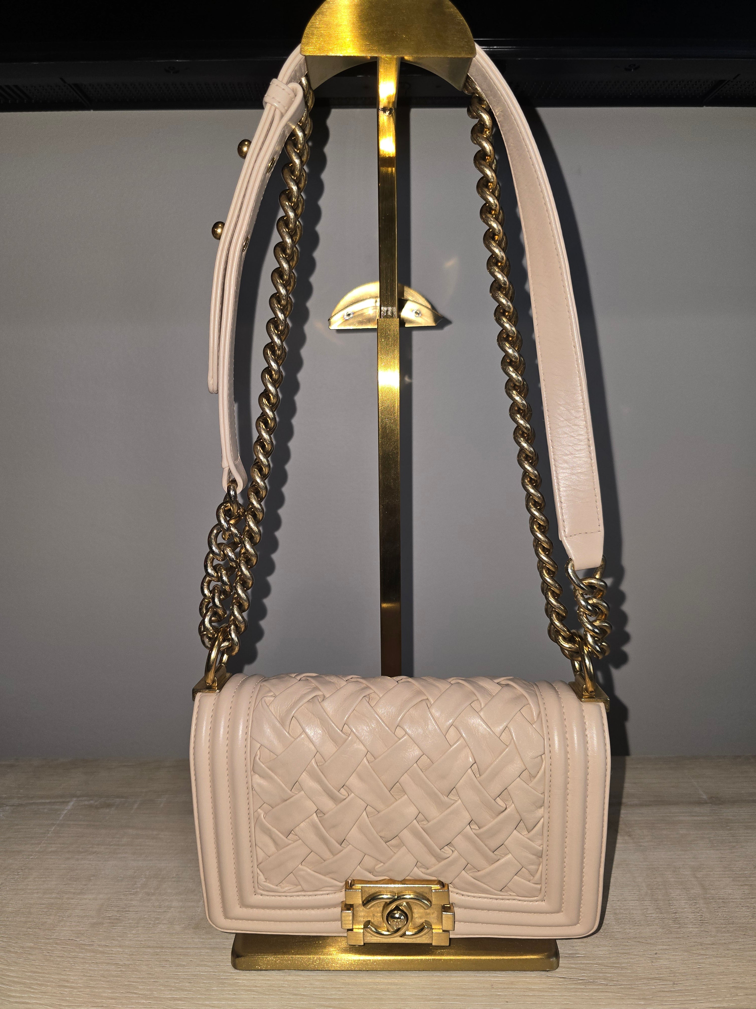 Chanel Small Château Boy Bag — Beige Woven Leather with Gold Hardware