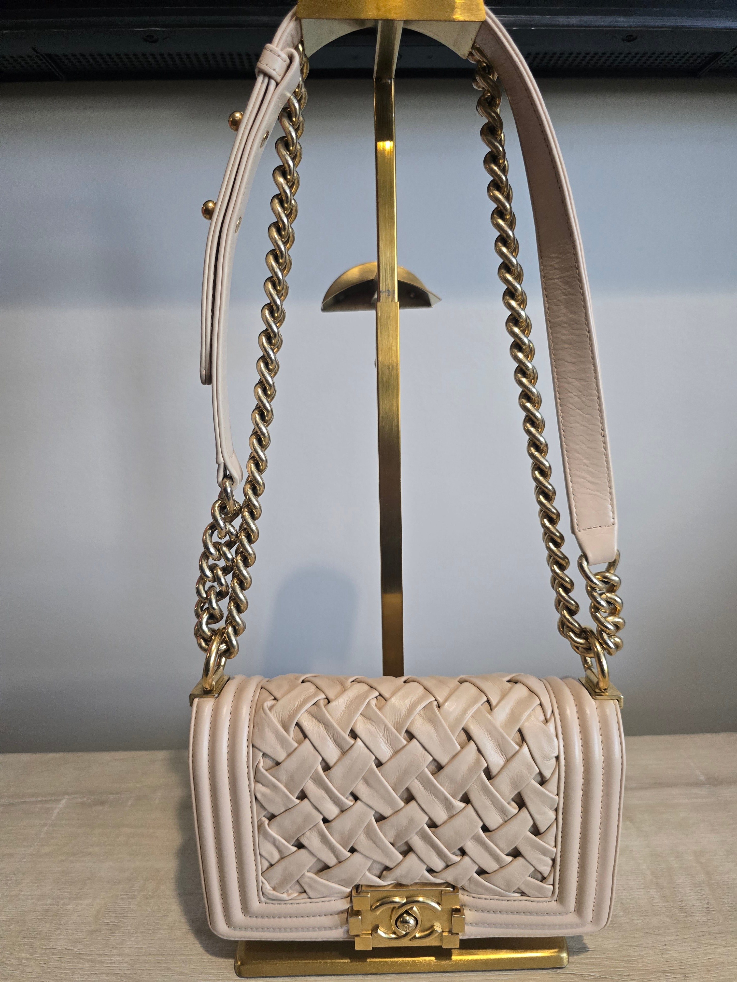 Chanel Small Château Boy Bag — Beige Woven Leather with Gold Hardware