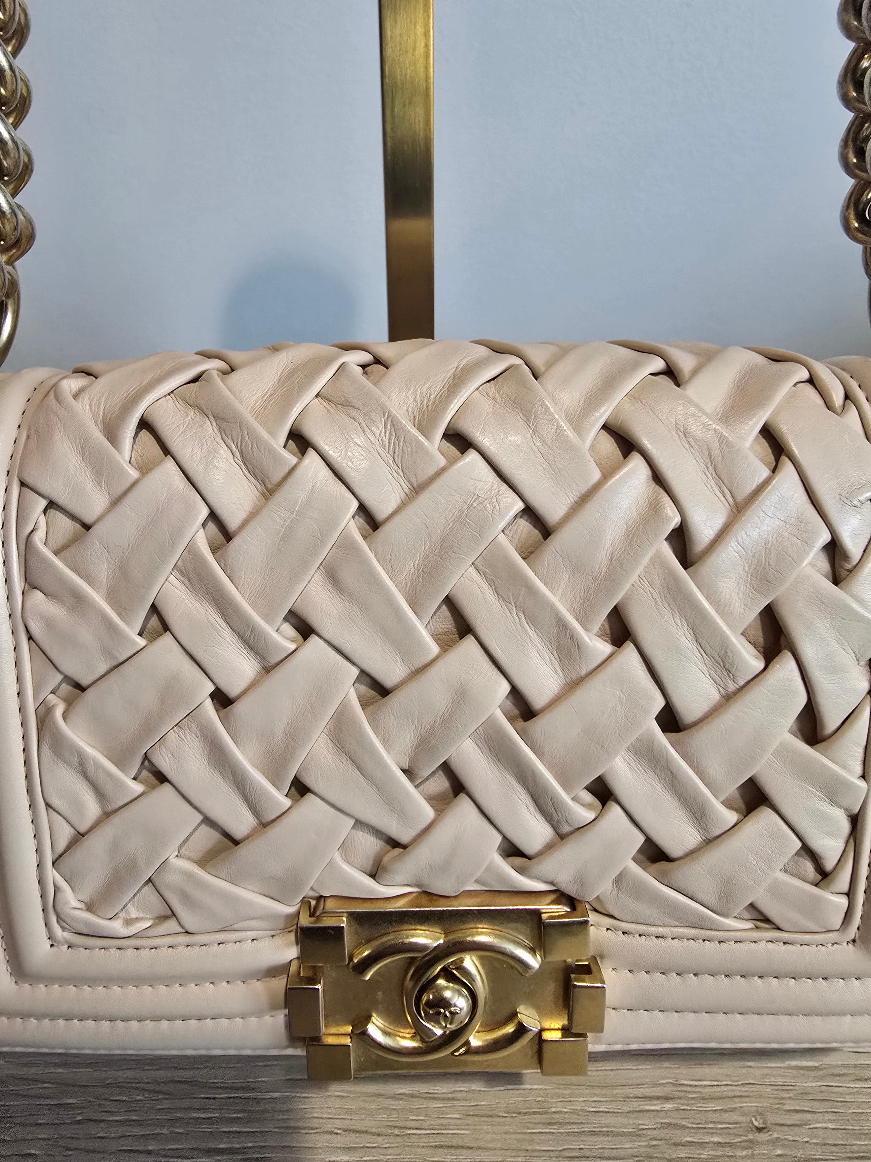 Chanel Small Château Boy Bag — Beige Woven Leather with Gold Hardware