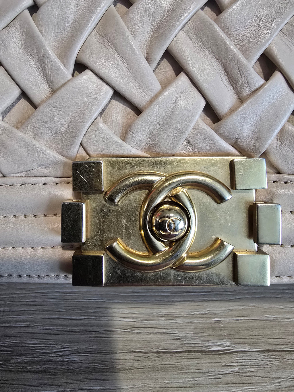 Chanel Small Château Boy Bag — Beige Woven Leather with Gold Hardware