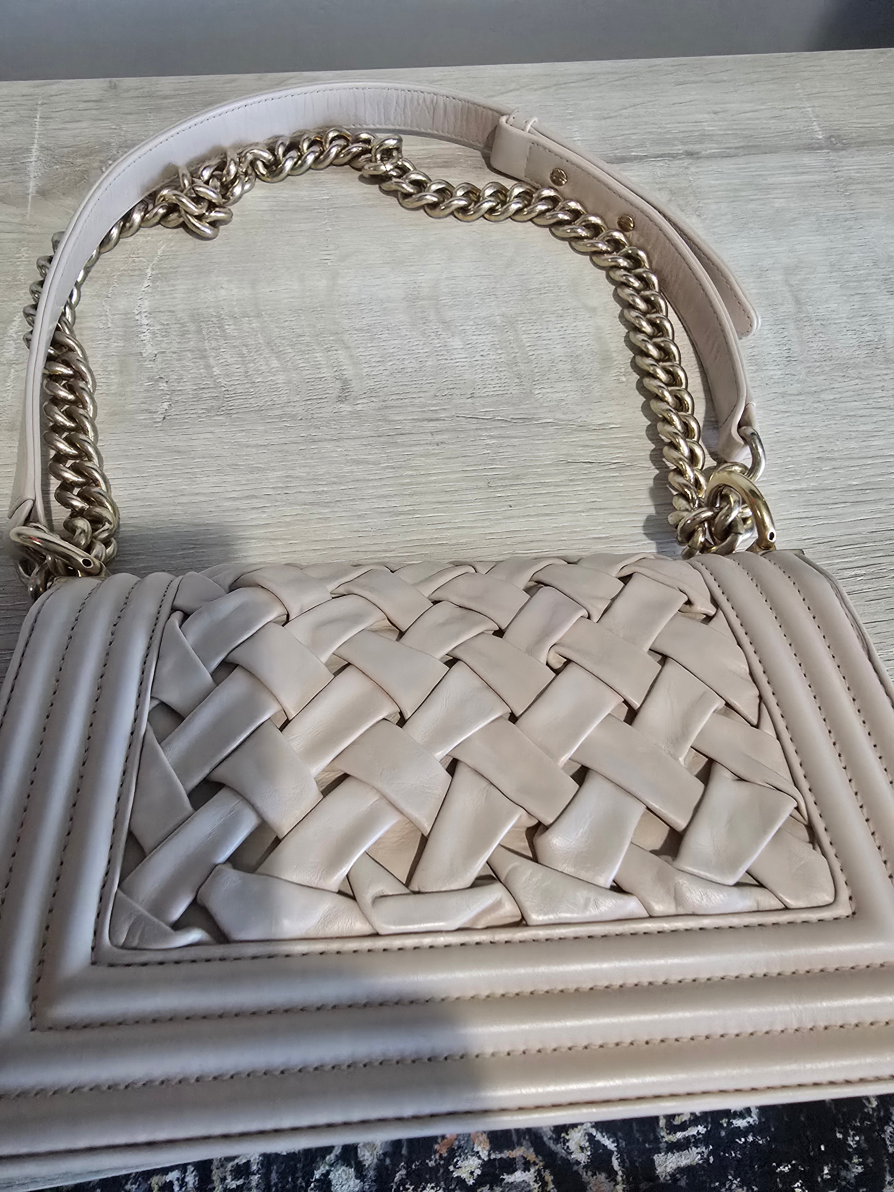 Chanel Small Château Boy Bag — Beige Woven Leather with Gold Hardware