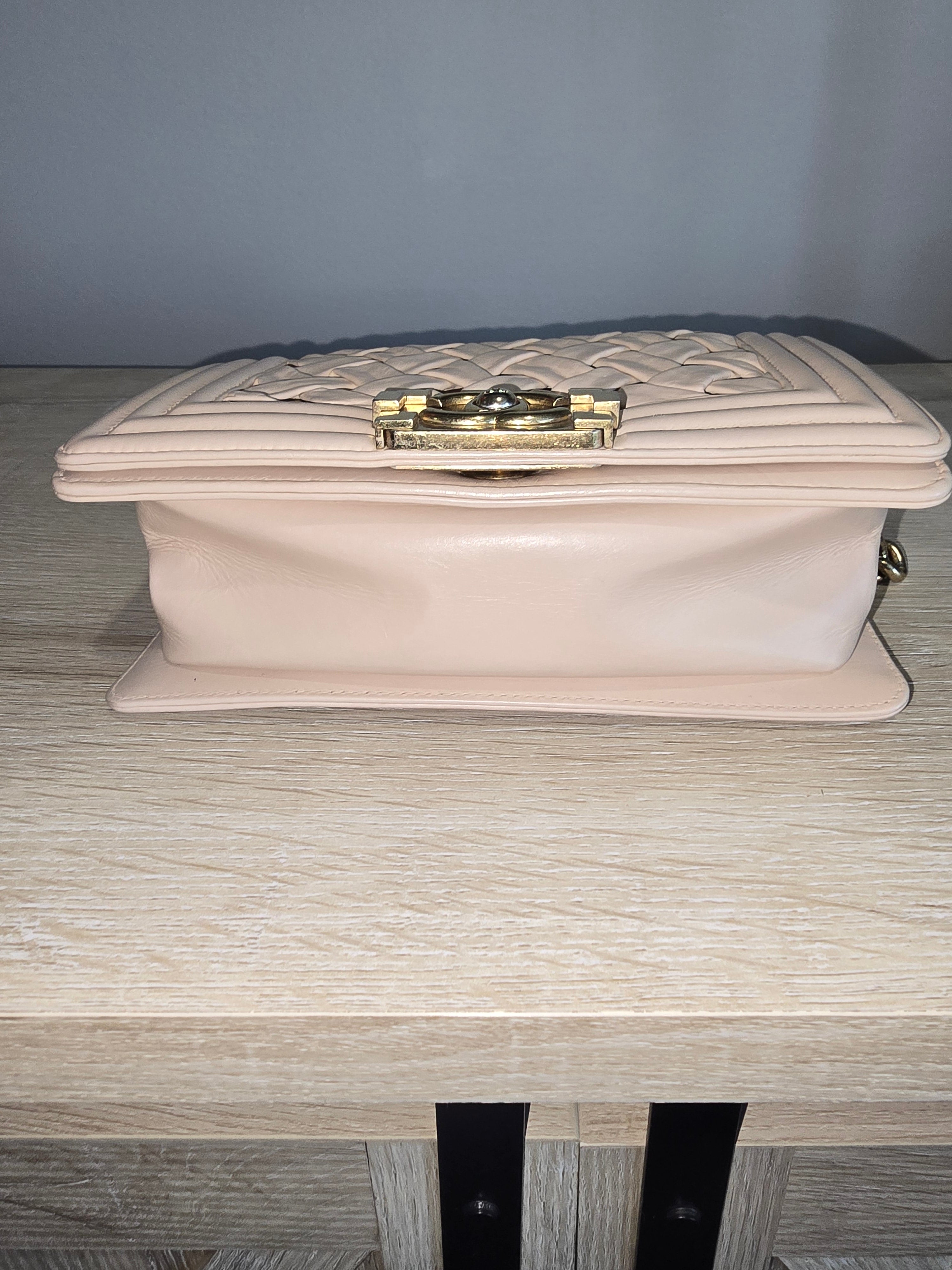 Chanel Small Château Boy Bag — Beige Woven Leather with Gold Hardware