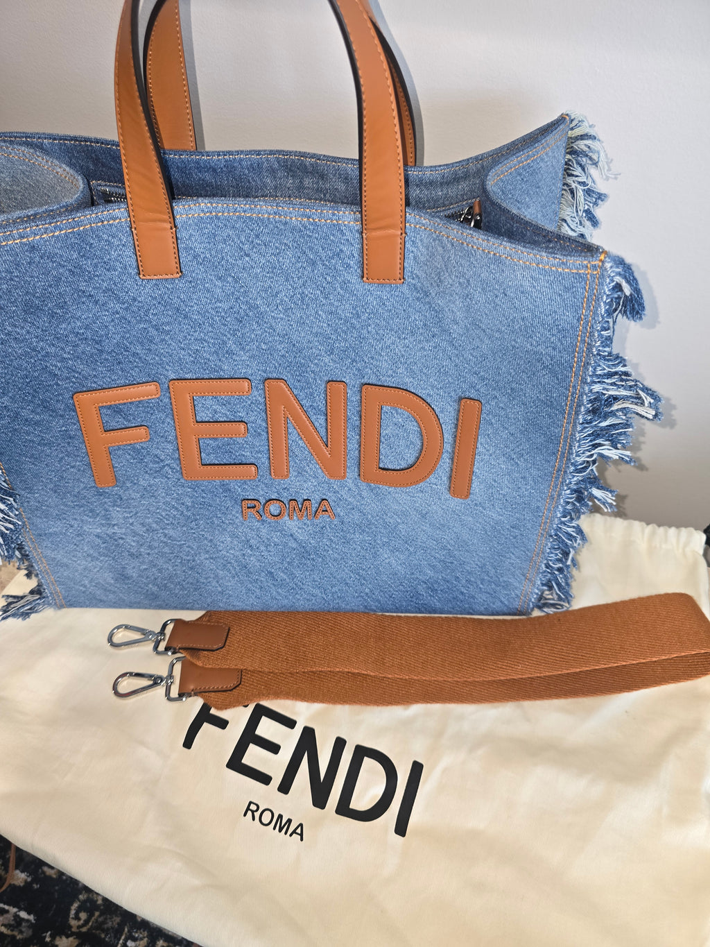 Fendi Sunshine Tote — Denim with Fringe