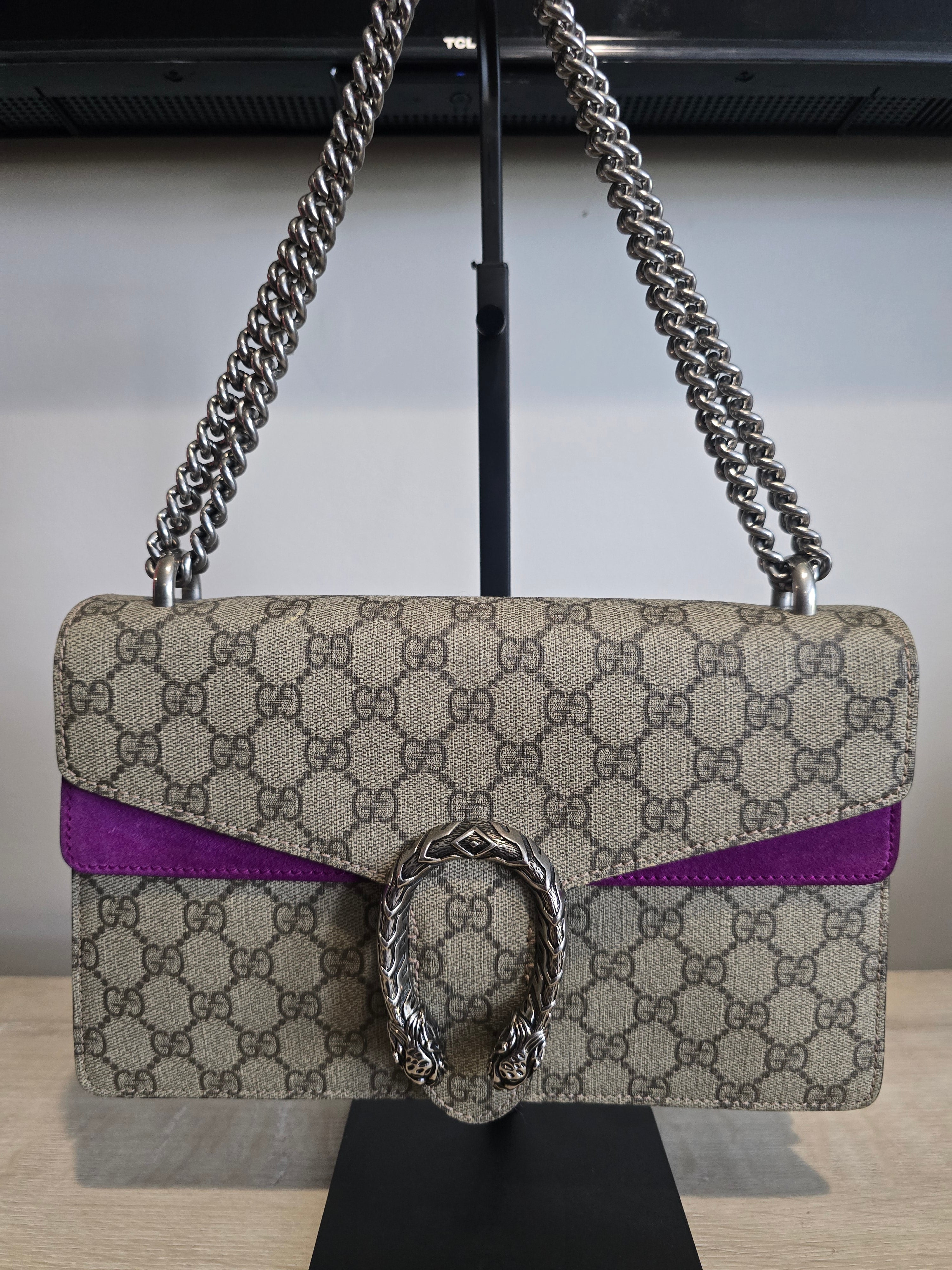 Gucci GG Supreme Small Dionysus Shoulder Bag — Beige Canvas & Purple Suede