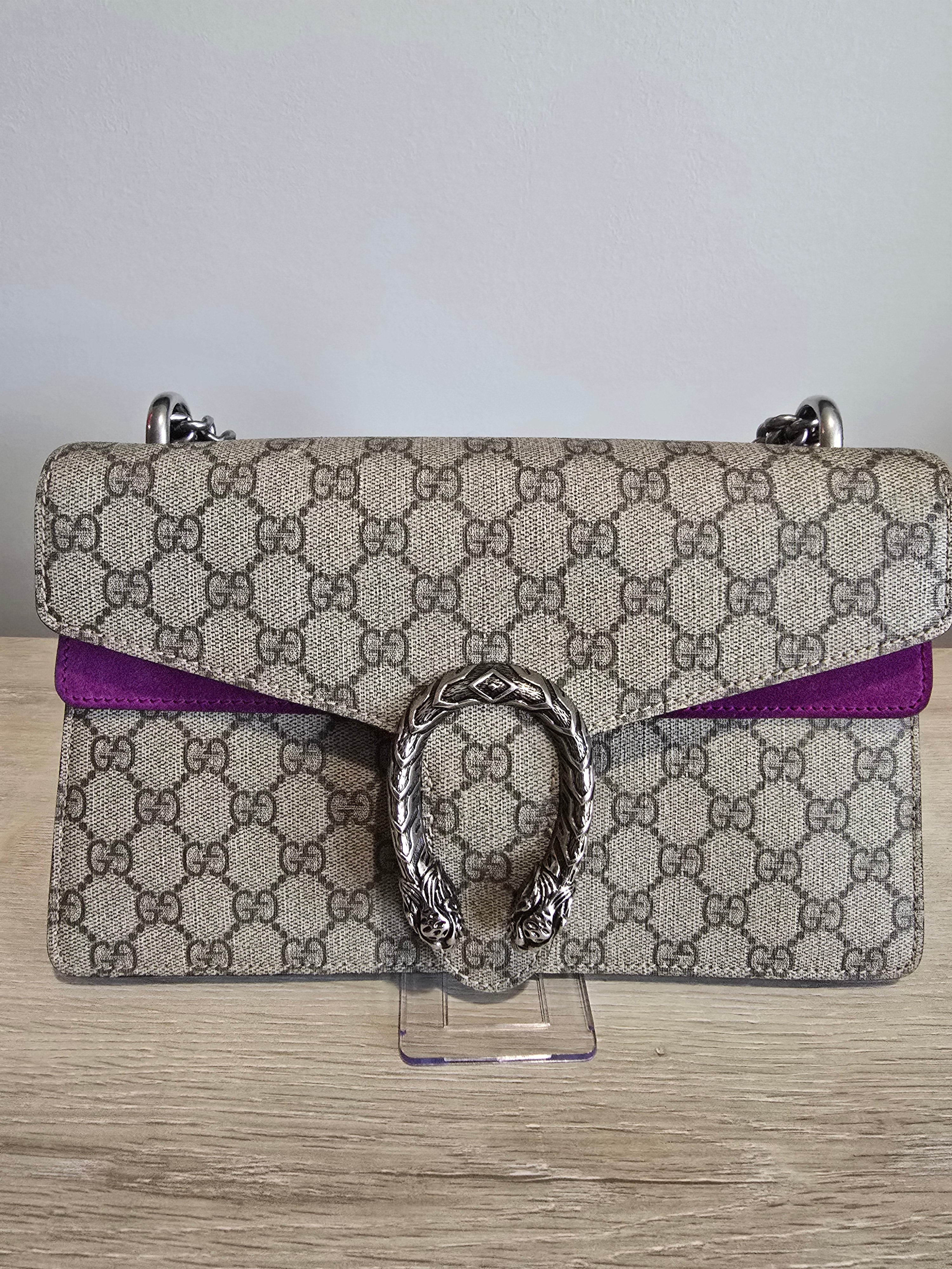 Gucci GG Supreme Small Dionysus Shoulder Bag — Beige Canvas & Purple Suede