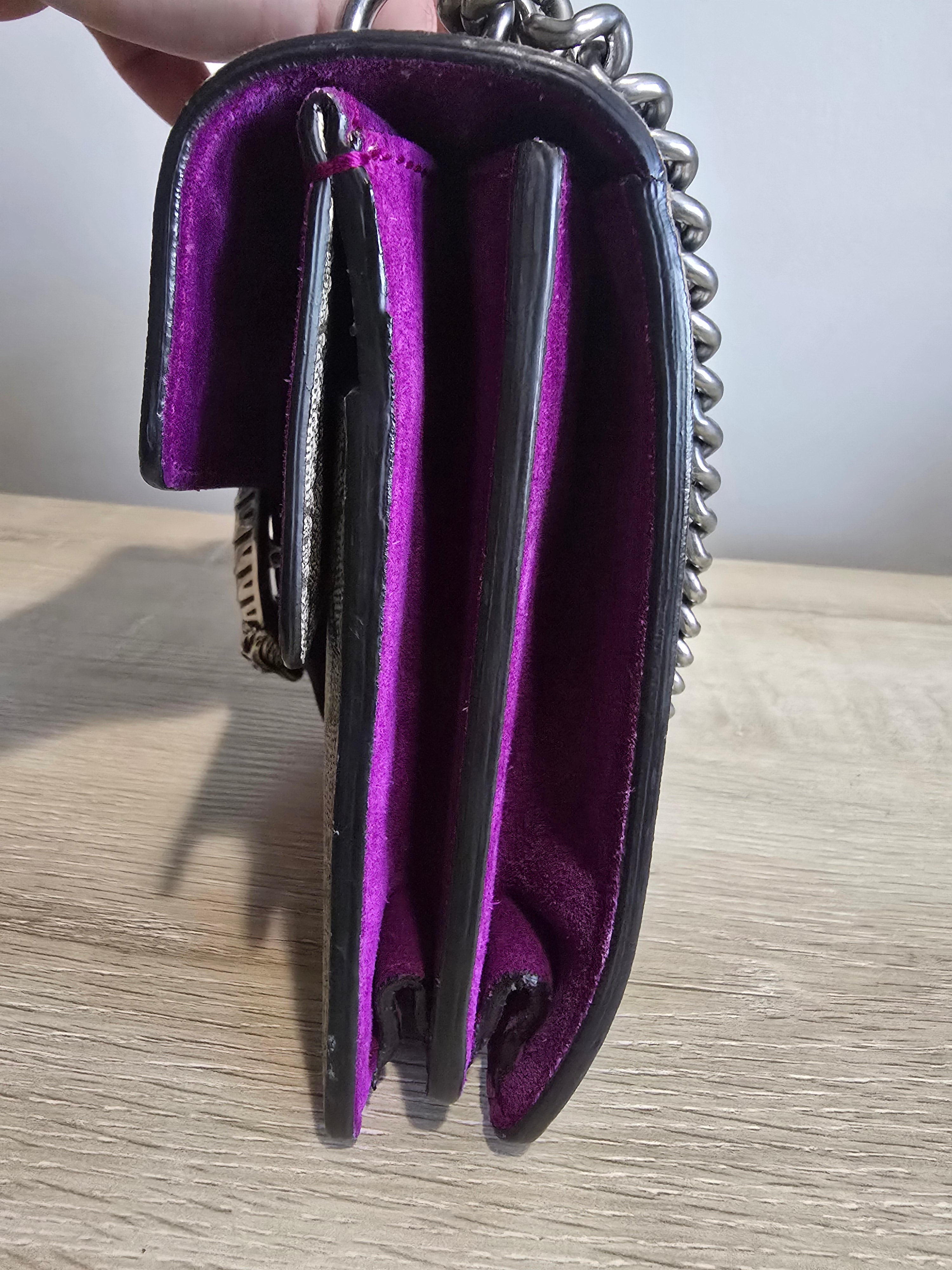 Gucci GG Supreme Small Dionysus Shoulder Bag — Beige Canvas & Purple Suede
