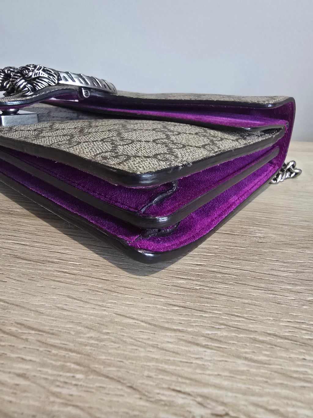 Gucci GG Supreme Small Dionysus Shoulder Bag — Beige Canvas & Purple Suede