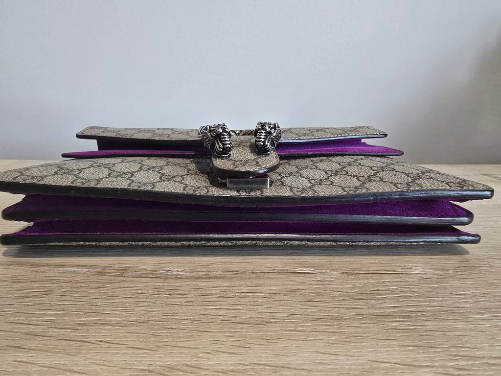 Gucci GG Supreme Small Dionysus Shoulder Bag — Beige Canvas & Purple Suede