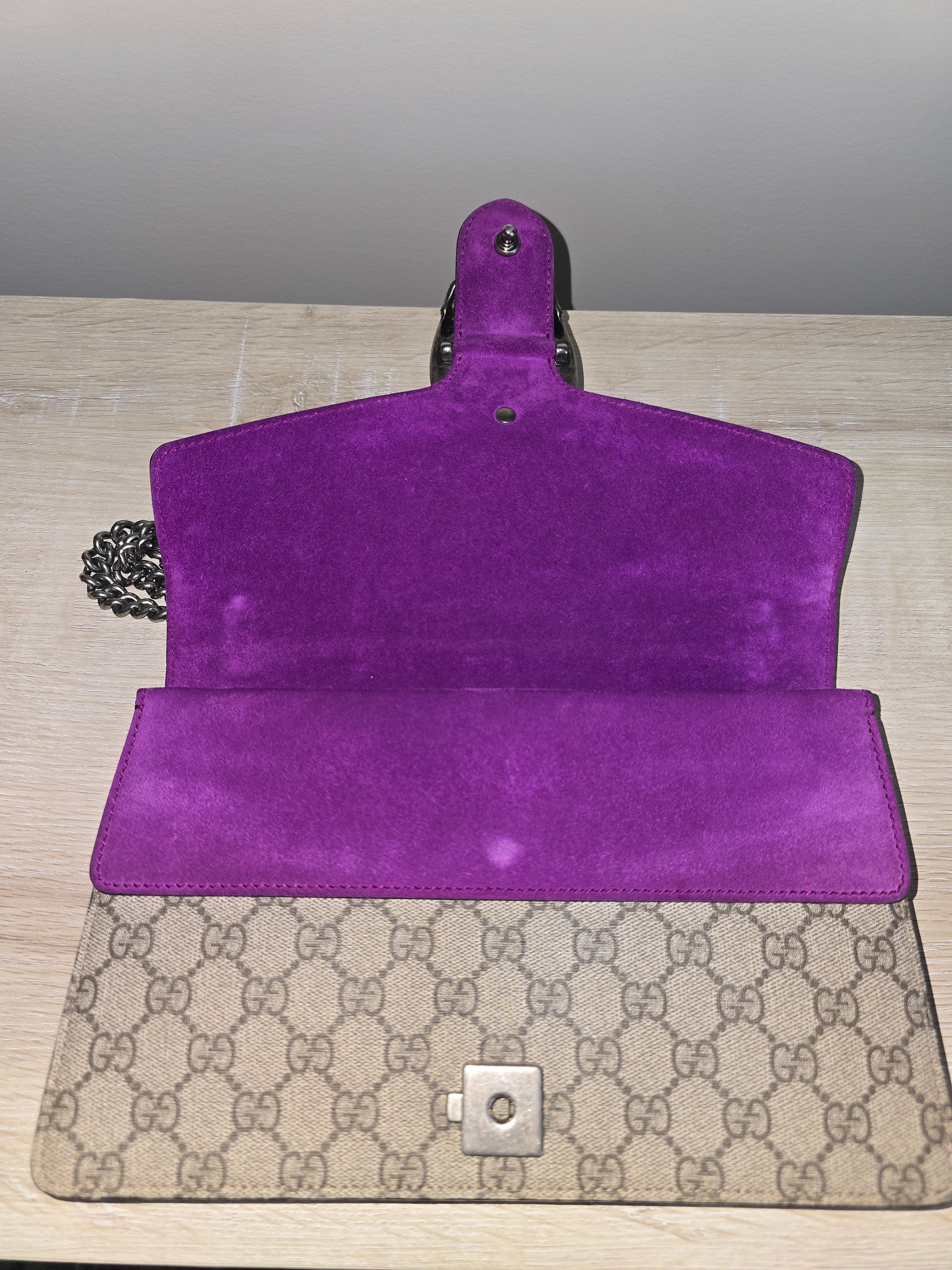 Gucci GG Supreme Small Dionysus Shoulder Bag — Beige Canvas & Purple Suede