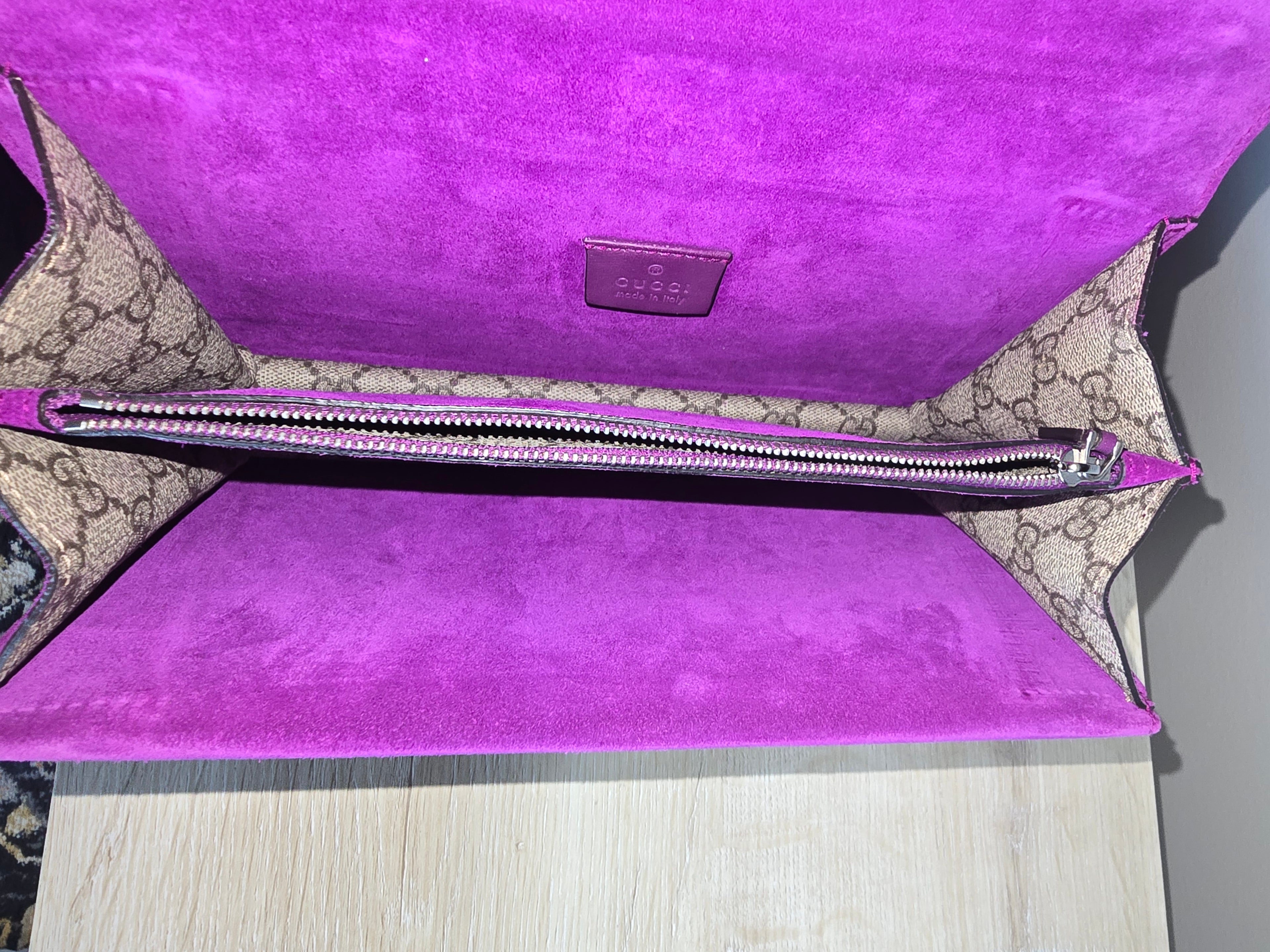 Gucci GG Supreme Small Dionysus Shoulder Bag — Beige Canvas & Purple Suede