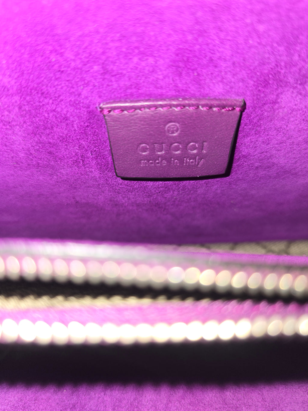 Gucci GG Supreme Small Dionysus Shoulder Bag — Beige Canvas & Purple Suede
