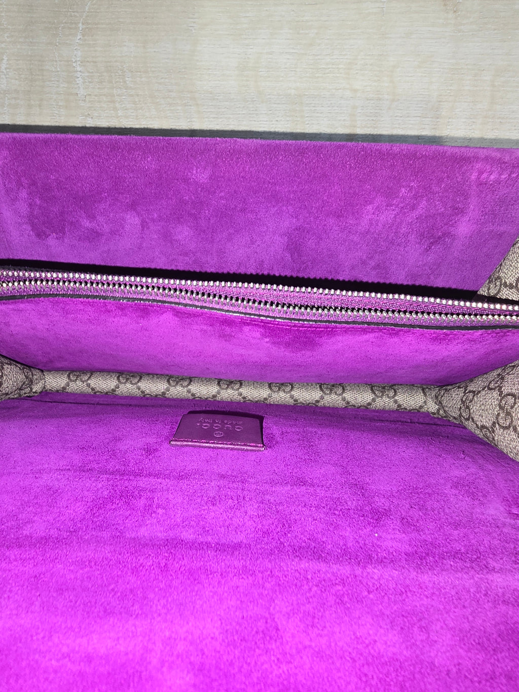 Gucci GG Supreme Small Dionysus Shoulder Bag — Beige Canvas & Purple Suede