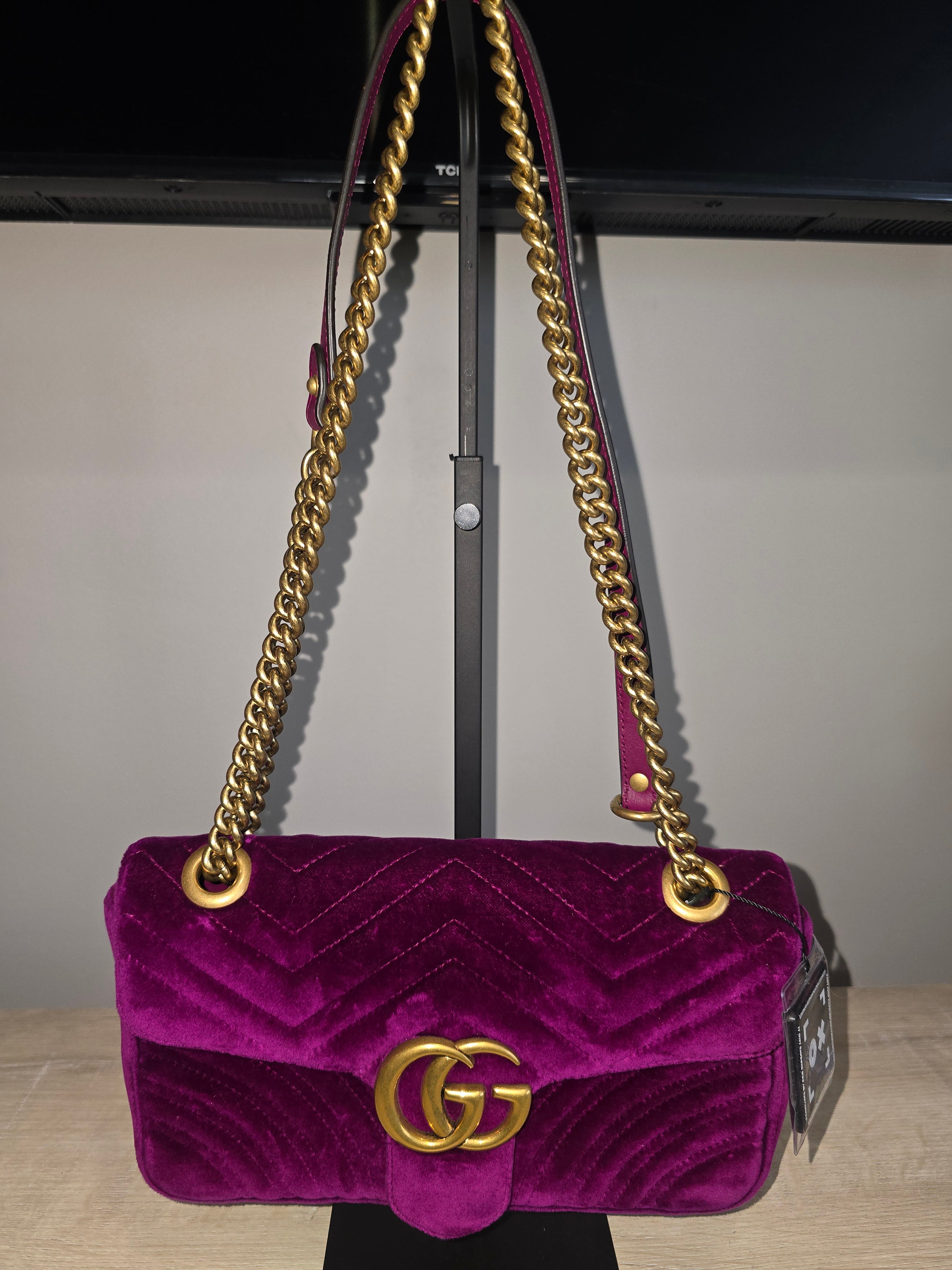 Gucci Velvet Matelassé Medium GG Marmont Shoulder Bag — Violet Cyclamen