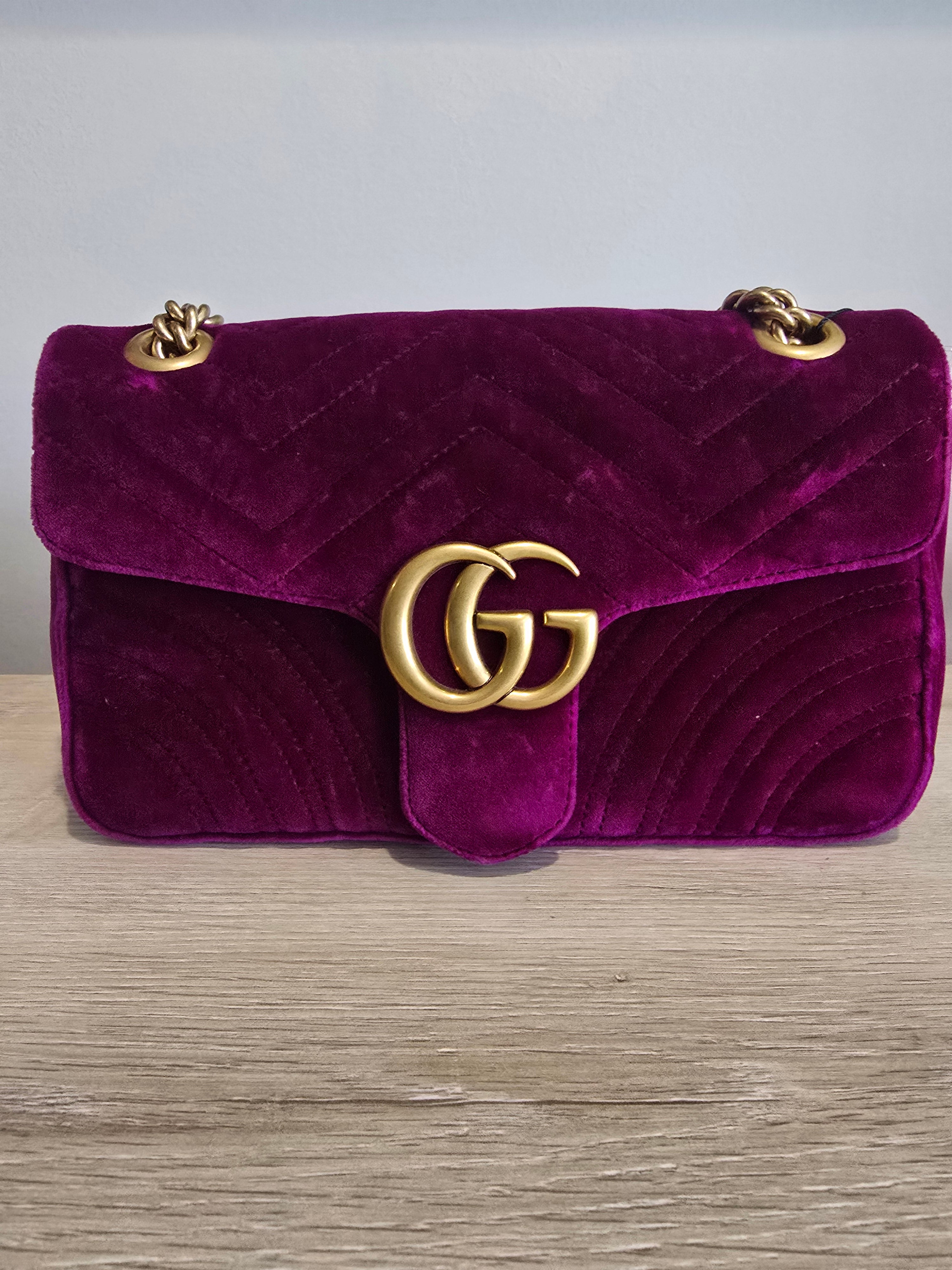 Gucci Velvet Matelassé Medium GG Marmont Shoulder Bag — Violet Cyclamen