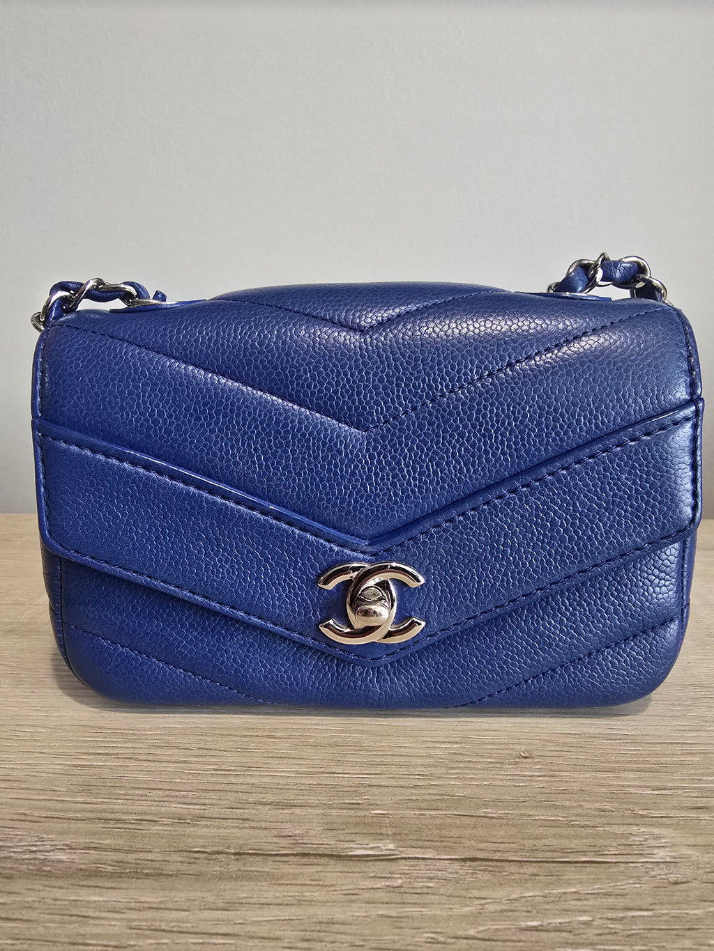 Chanel Classic Mini Flap Bag — Blue Chevron Quilted Lambskin