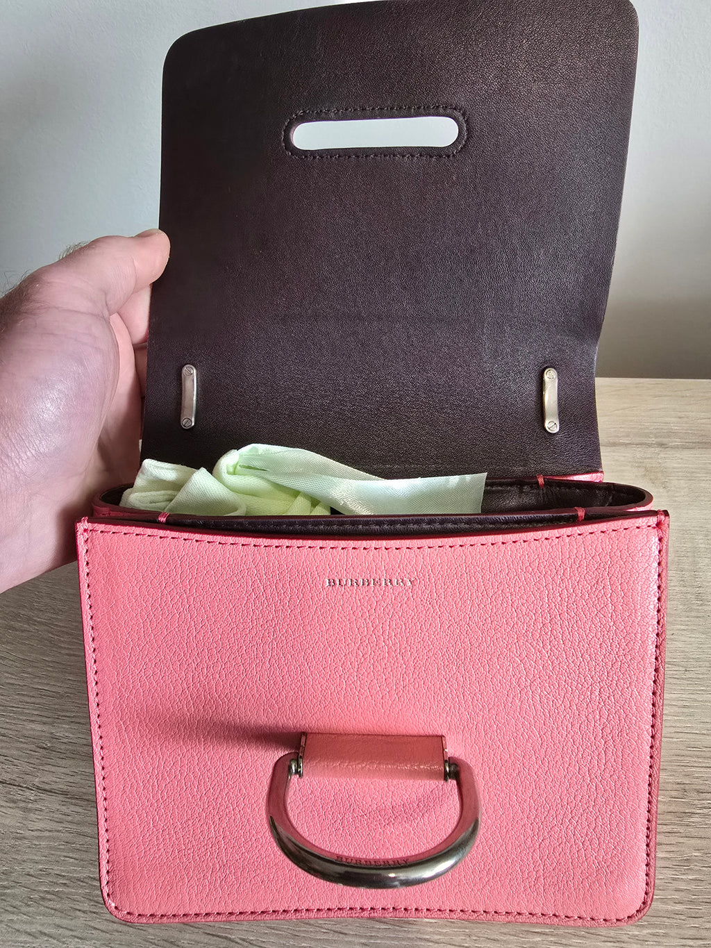 Burberry Small D Ring Crossbody — Coral Pink Pebbled Leather