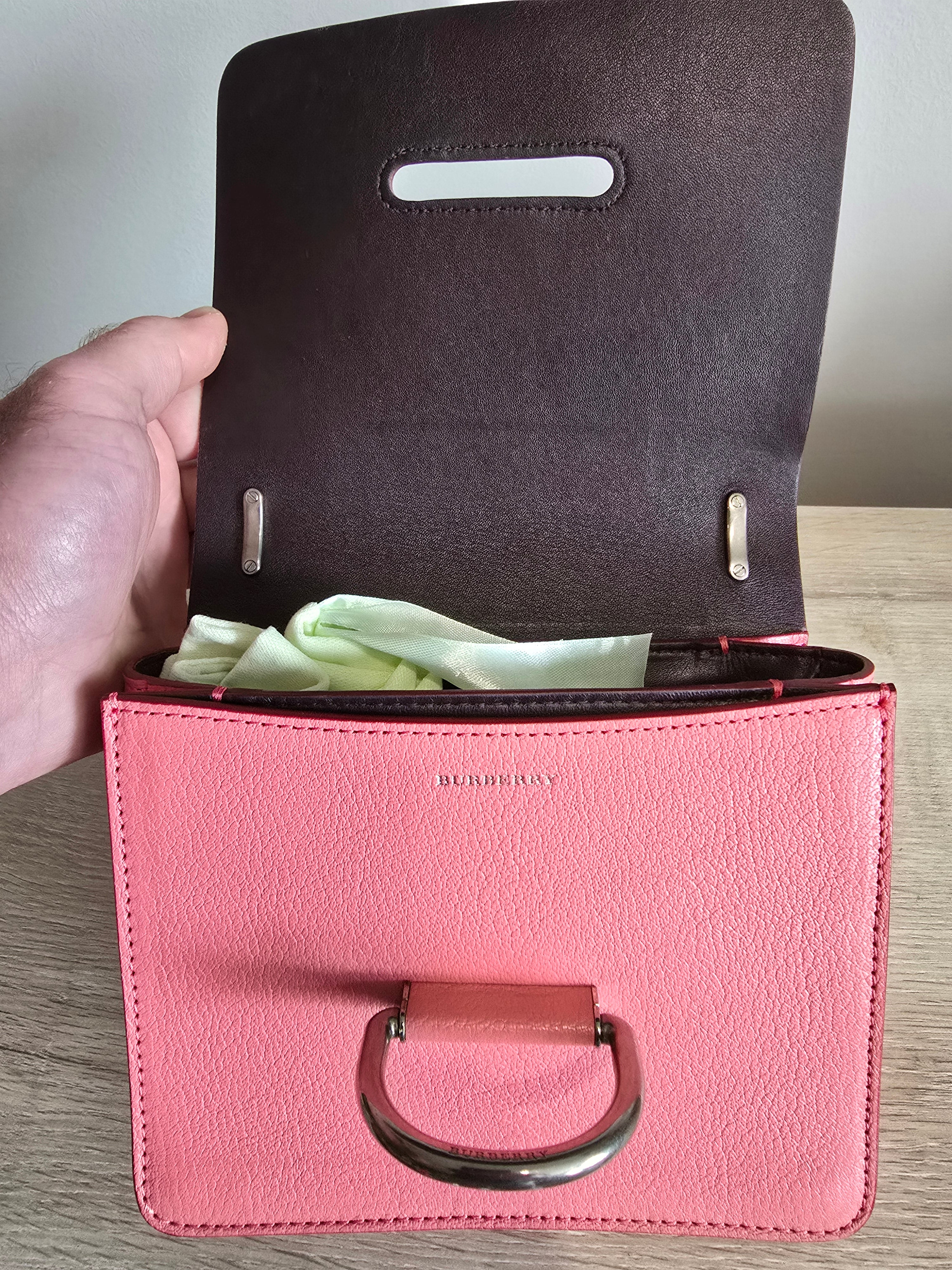 Burberry Small D Ring Crossbody — Coral Pink Pebbled Leather