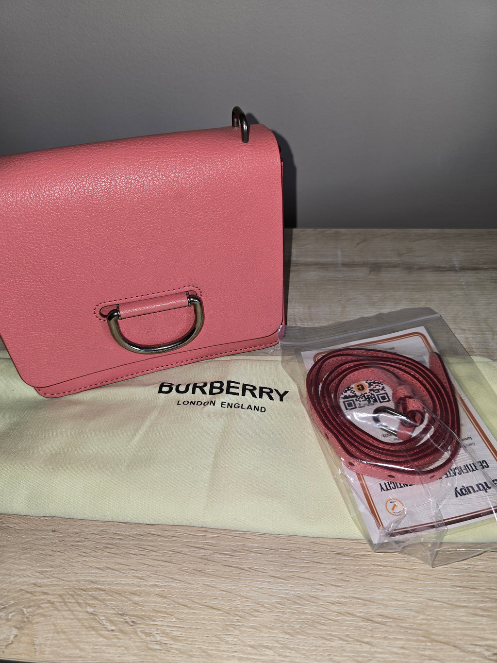 Burberry Small D Ring Crossbody — Coral Pink Pebbled Leather