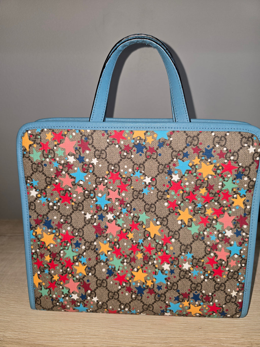 Gucci Star Print GG Canvas Tote — Light Blue Trim