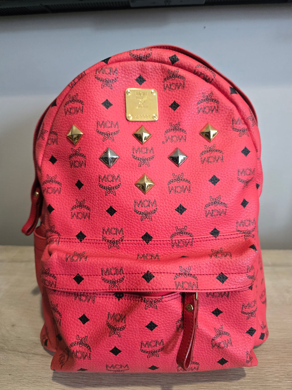 MCM Visetos Stark Studded Leather Backpack — Red