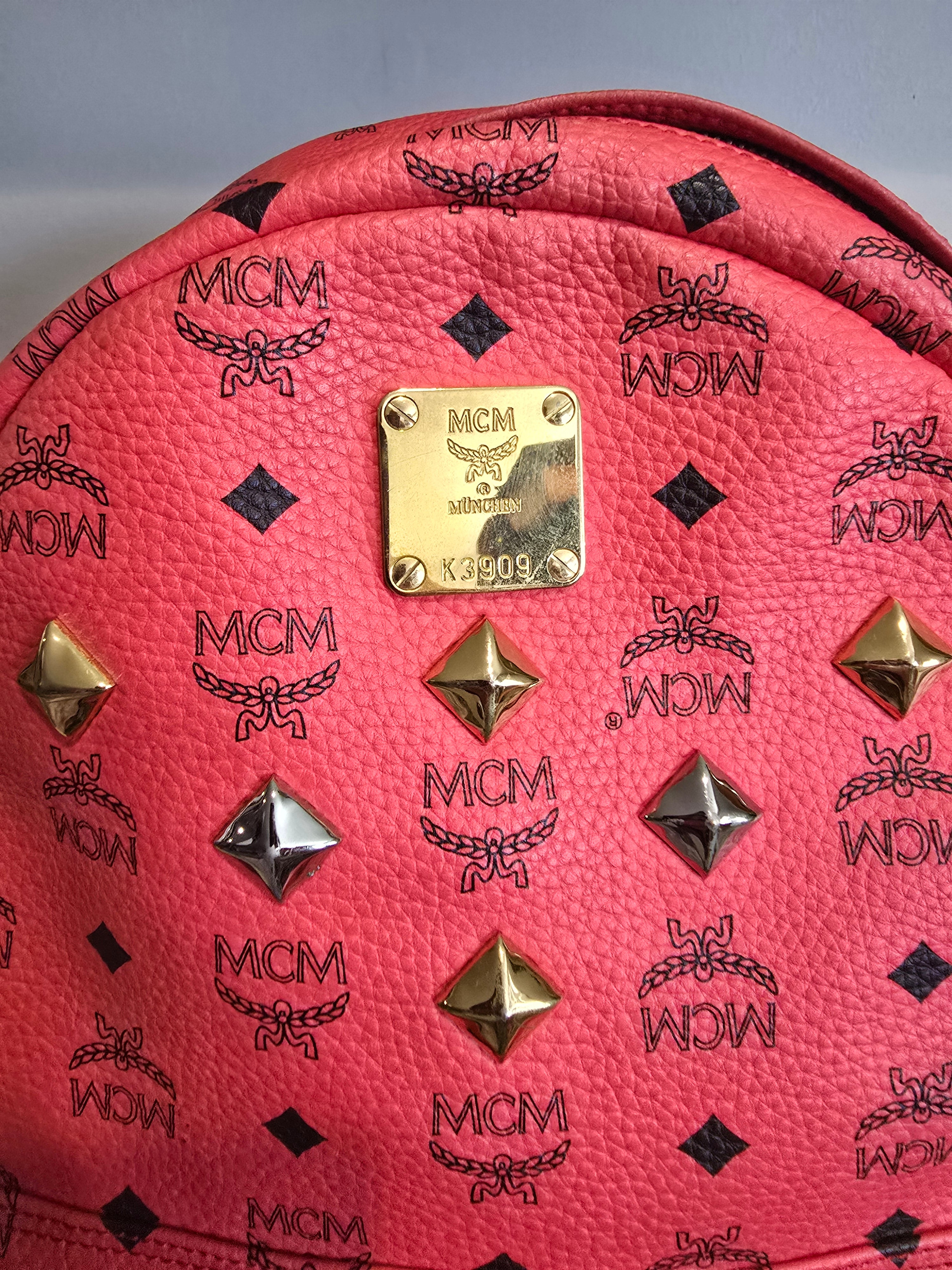 MCM Visetos Stark Studded Leather Backpack — Red