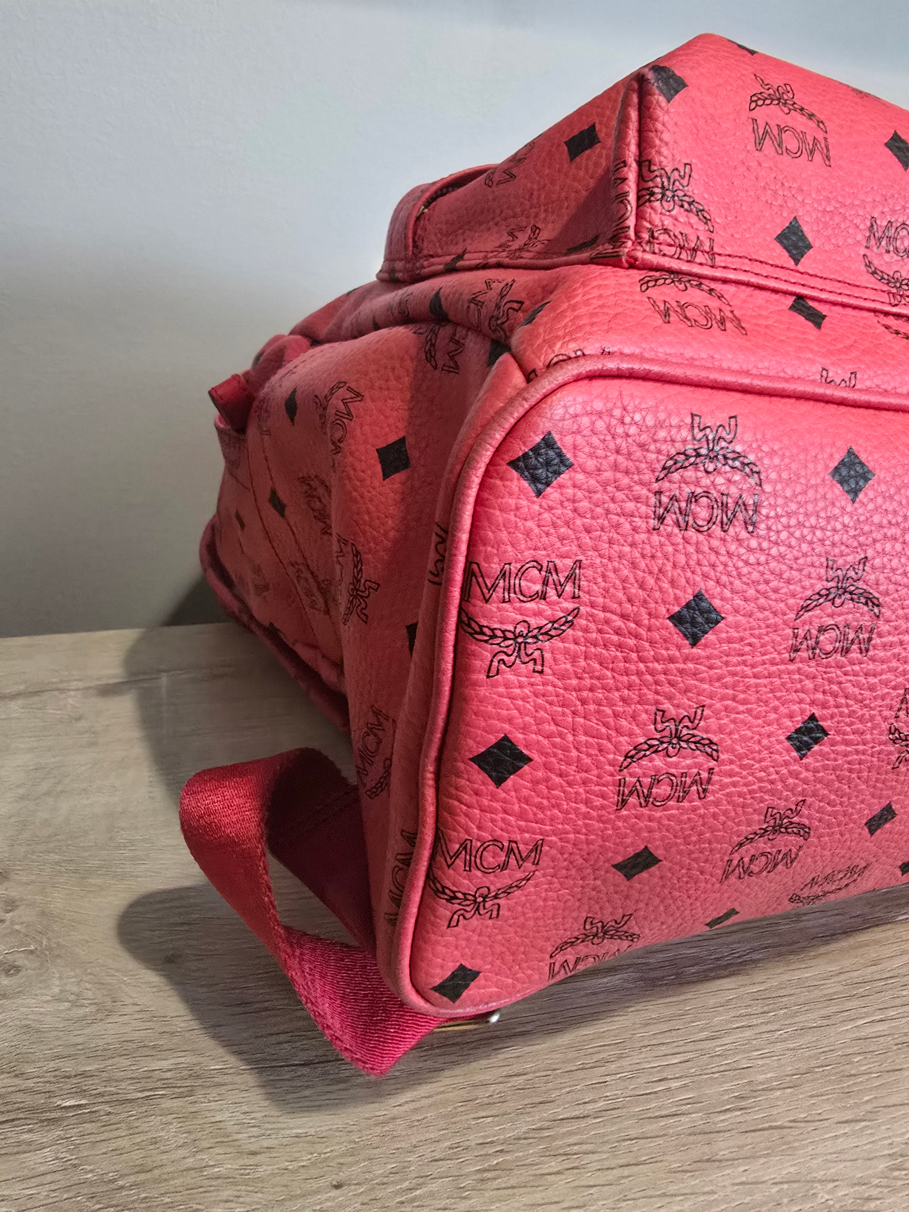 MCM Visetos Stark Studded Leather Backpack — Red