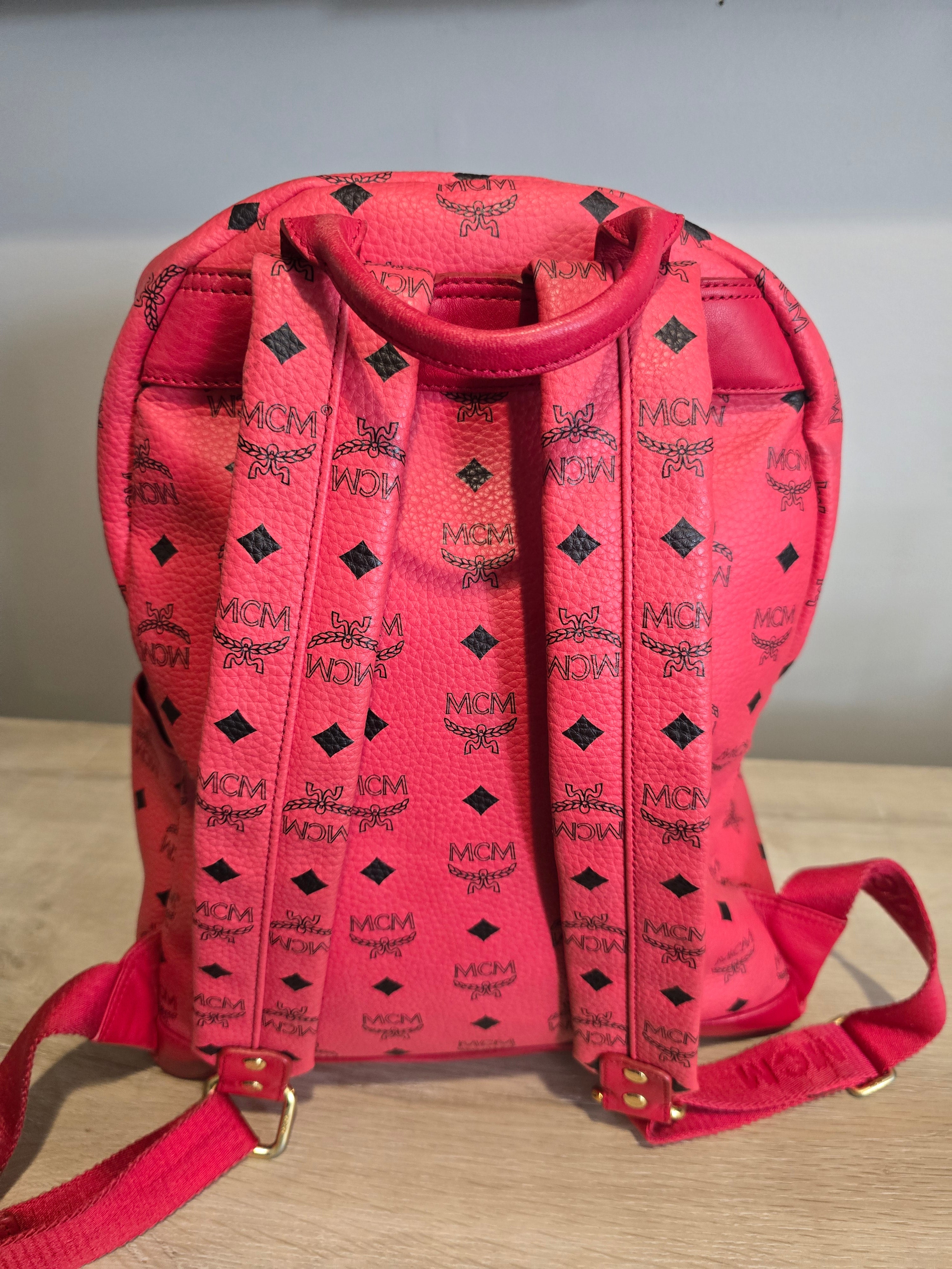 MCM Visetos Stark Studded Leather Backpack — Red