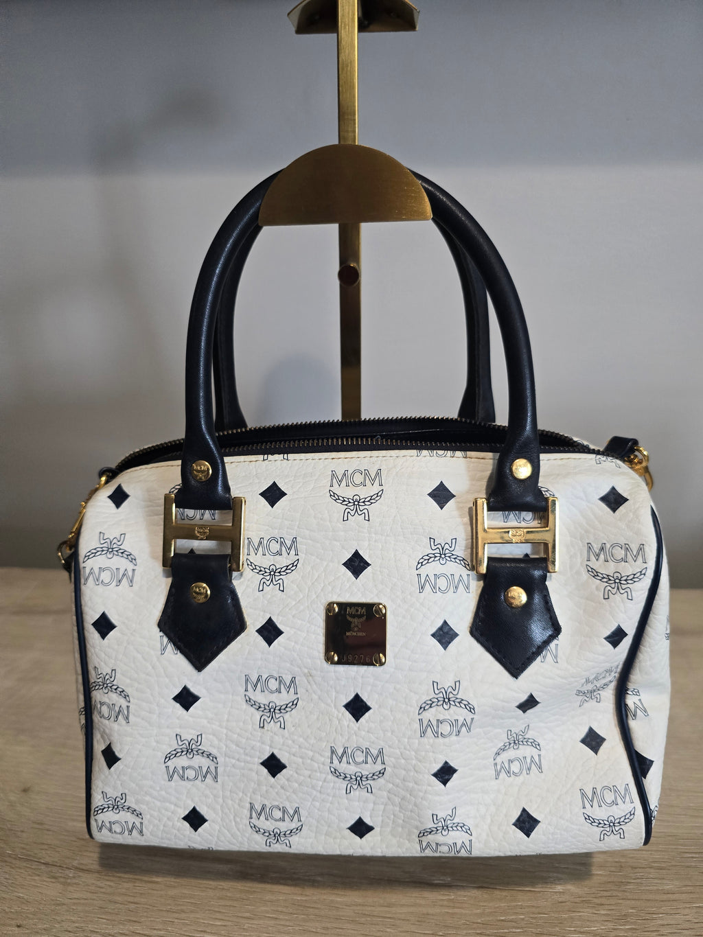 MCM Visetos Boston Bag — White & Black Monogram