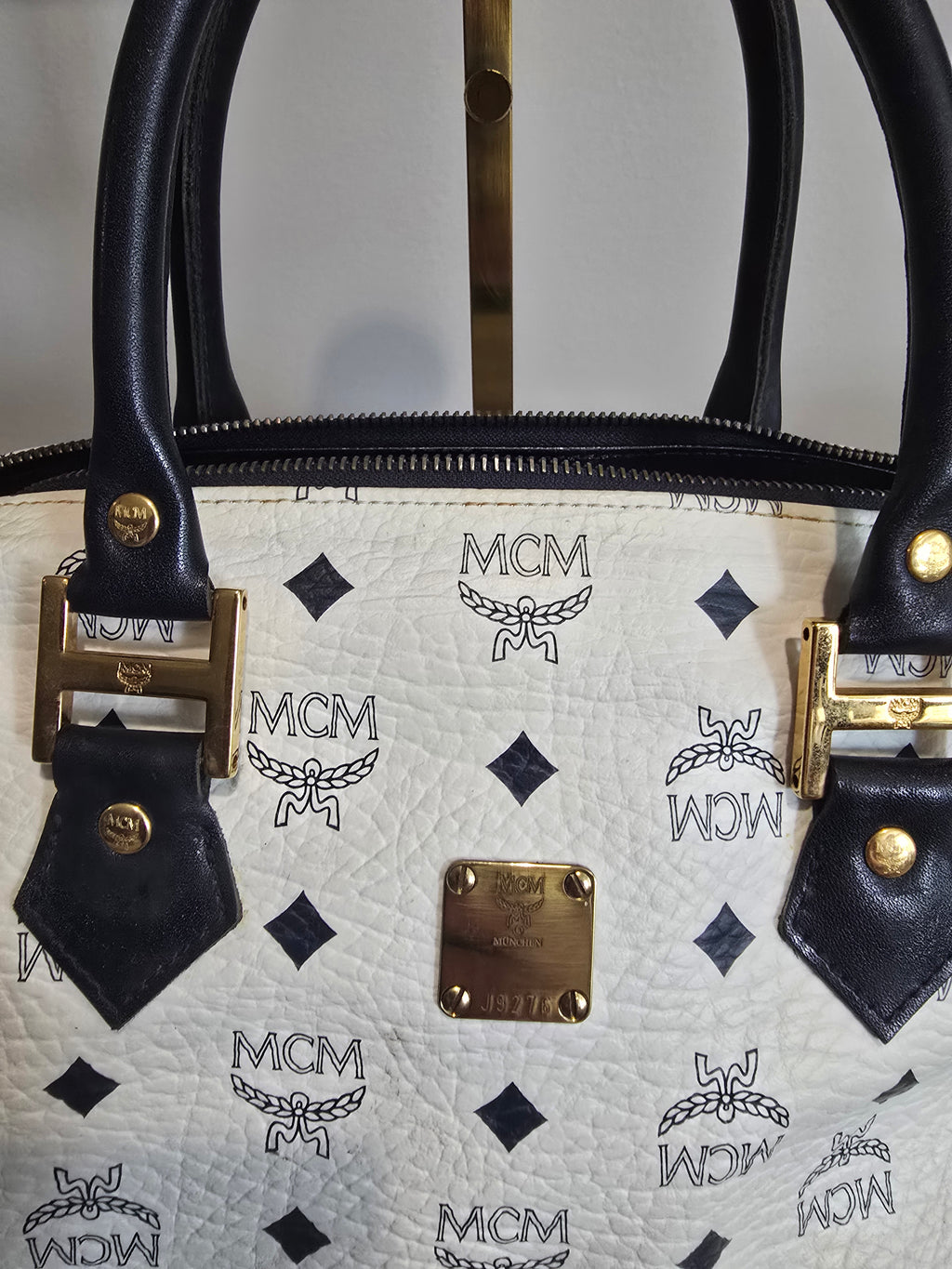 MCM Visetos Boston Bag — White & Black Monogram