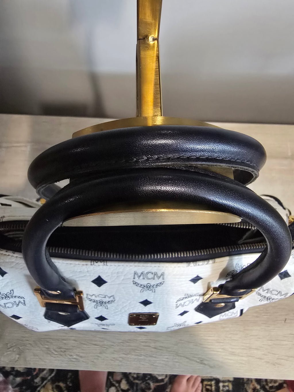 MCM Visetos Boston Bag — White & Black Monogram